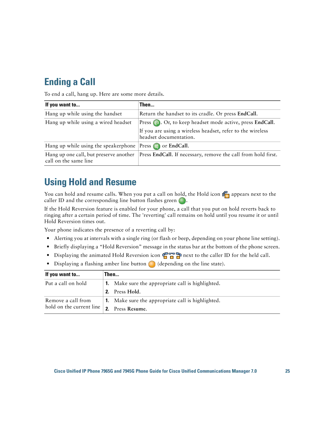 Cisco Systems 7945G Ending a Call, Using Hold and Resume, To end a call, hang up. Here are some more details, Or EndCall 