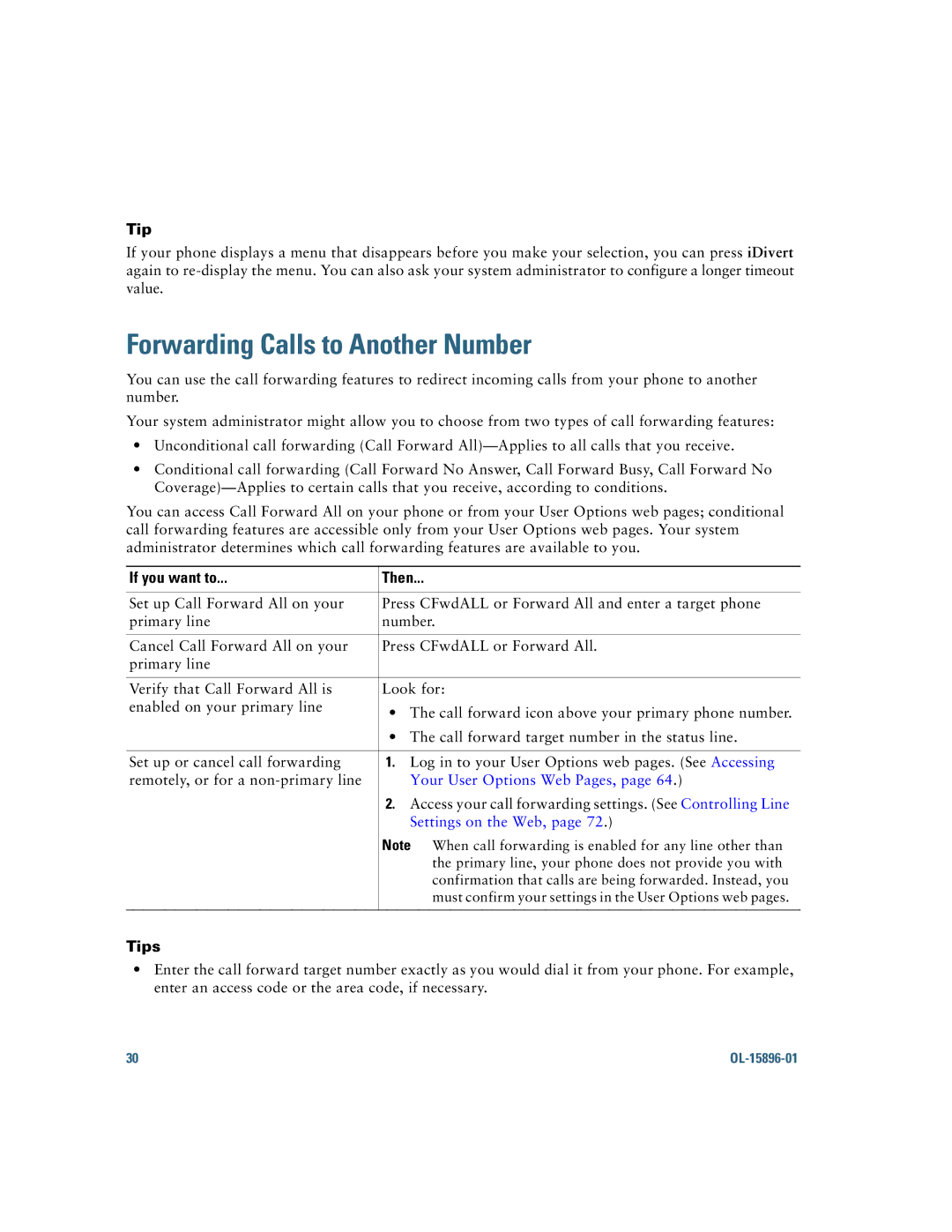 Cisco Systems 7965G, 7945G manual Forwarding Calls to Another Number, Your User Options Web Pages, Settings on the Web 