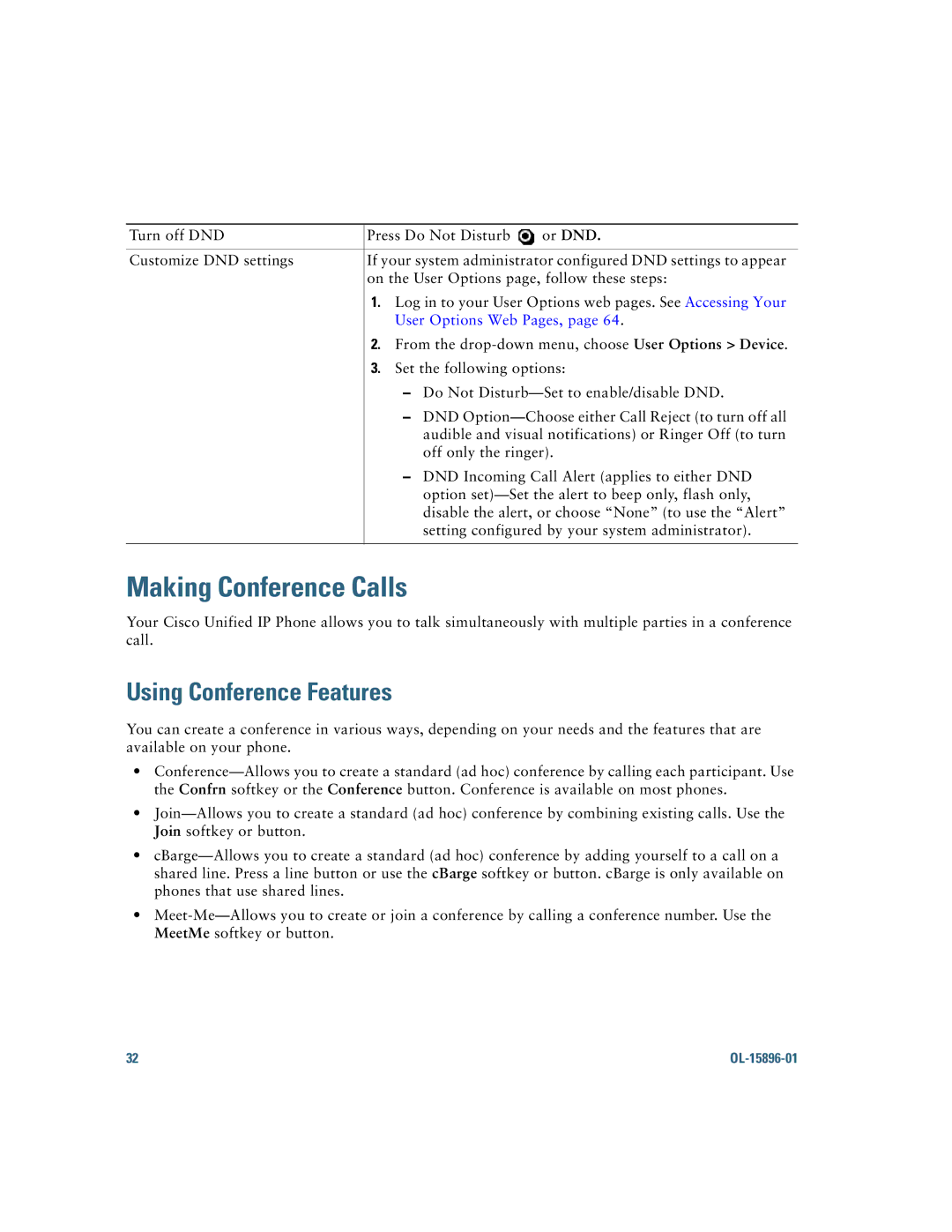 Cisco Systems 7965G, 7945G manual Making Conference Calls, Using Conference Features, Or DND, User Options Web Pages 