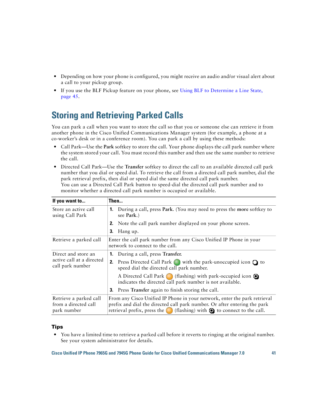 Cisco Systems 7945G, 7965G manual Storing and Retrieving Parked Calls 