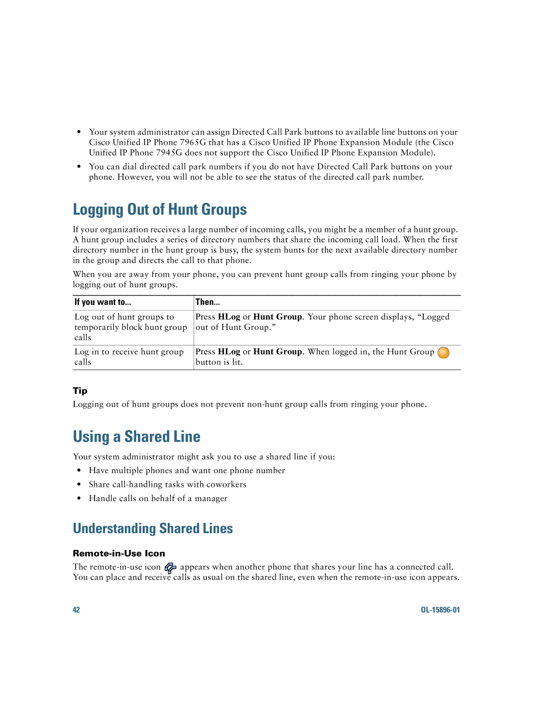 Cisco Systems 7965G, 7945G Logging Out of Hunt Groups, Using a Shared Line, Understanding Shared Lines, Remote-in-Use Icon 