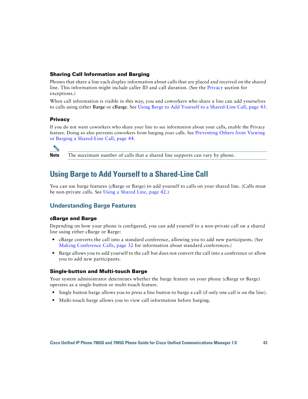 Cisco Systems 7945G manual Using Barge to Add Yourself to a Shared-Line Call, Sharing Call Information and Barging, Privacy 