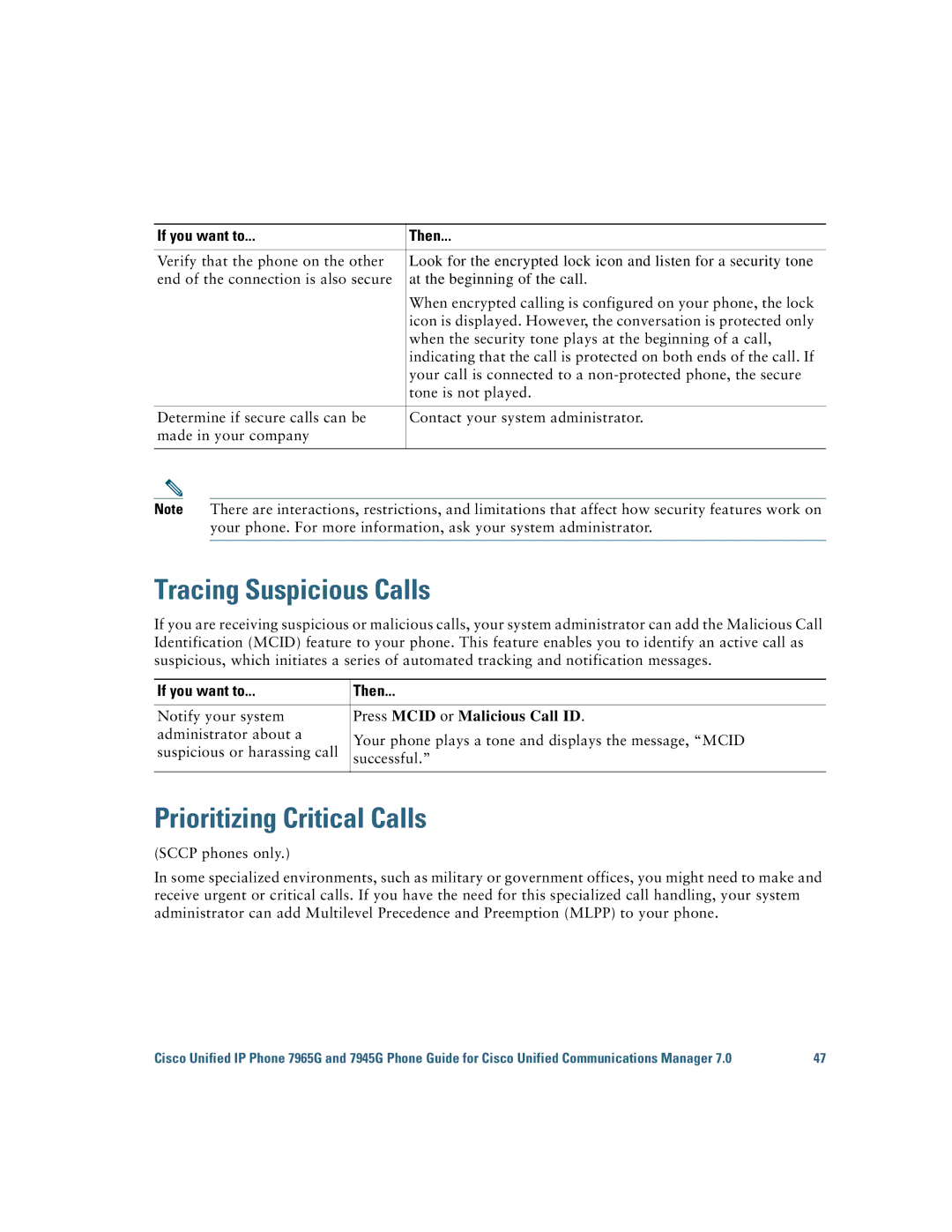 Cisco Systems 7945G, 7965G manual Tracing Suspicious Calls, Prioritizing Critical Calls, Notify your system 