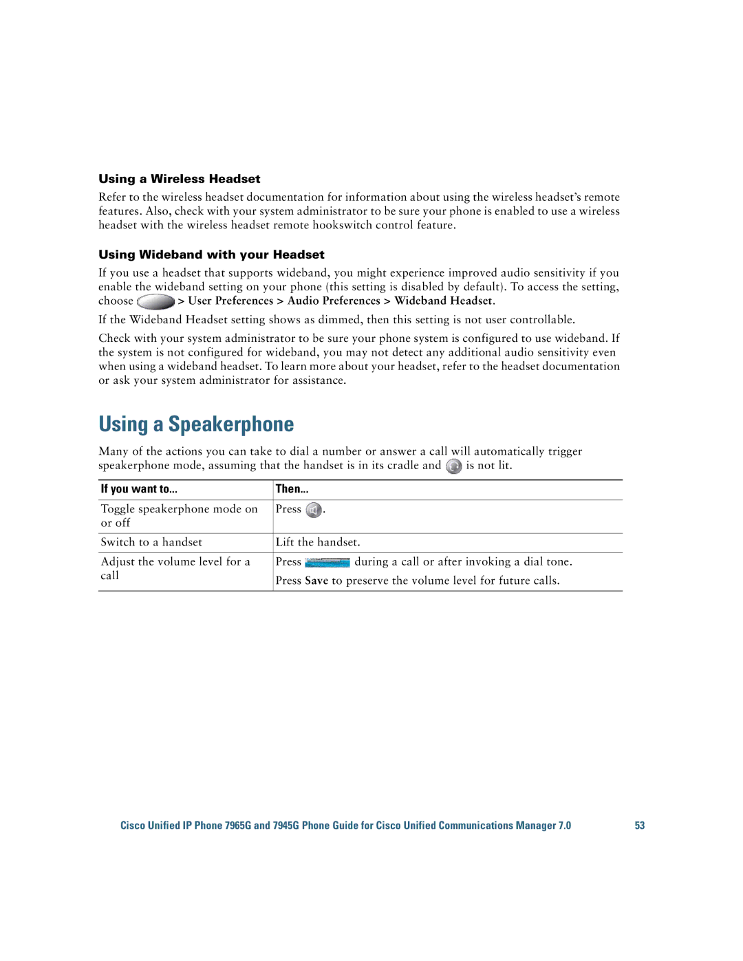 Cisco Systems 7945G, 7965G manual Using a Speakerphone, Using a Wireless Headset, Using Wideband with your Headset 