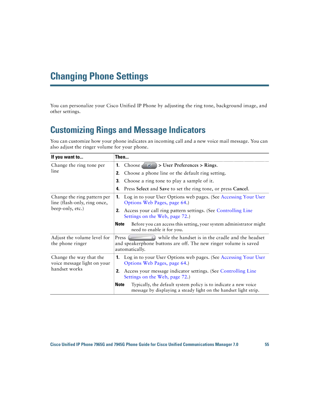 Cisco Systems 7945G Changing Phone Settings, Customizing Rings and Message Indicators, Change the ring tone per Choose 