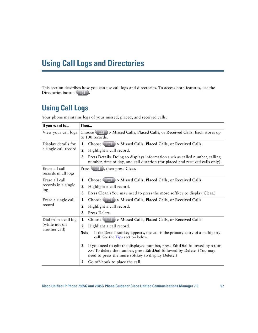 Cisco Systems 7945G, 7965G Using Call Logs and Directories, Missed Calls, Placed Calls, or Received Calls, Press Delete 