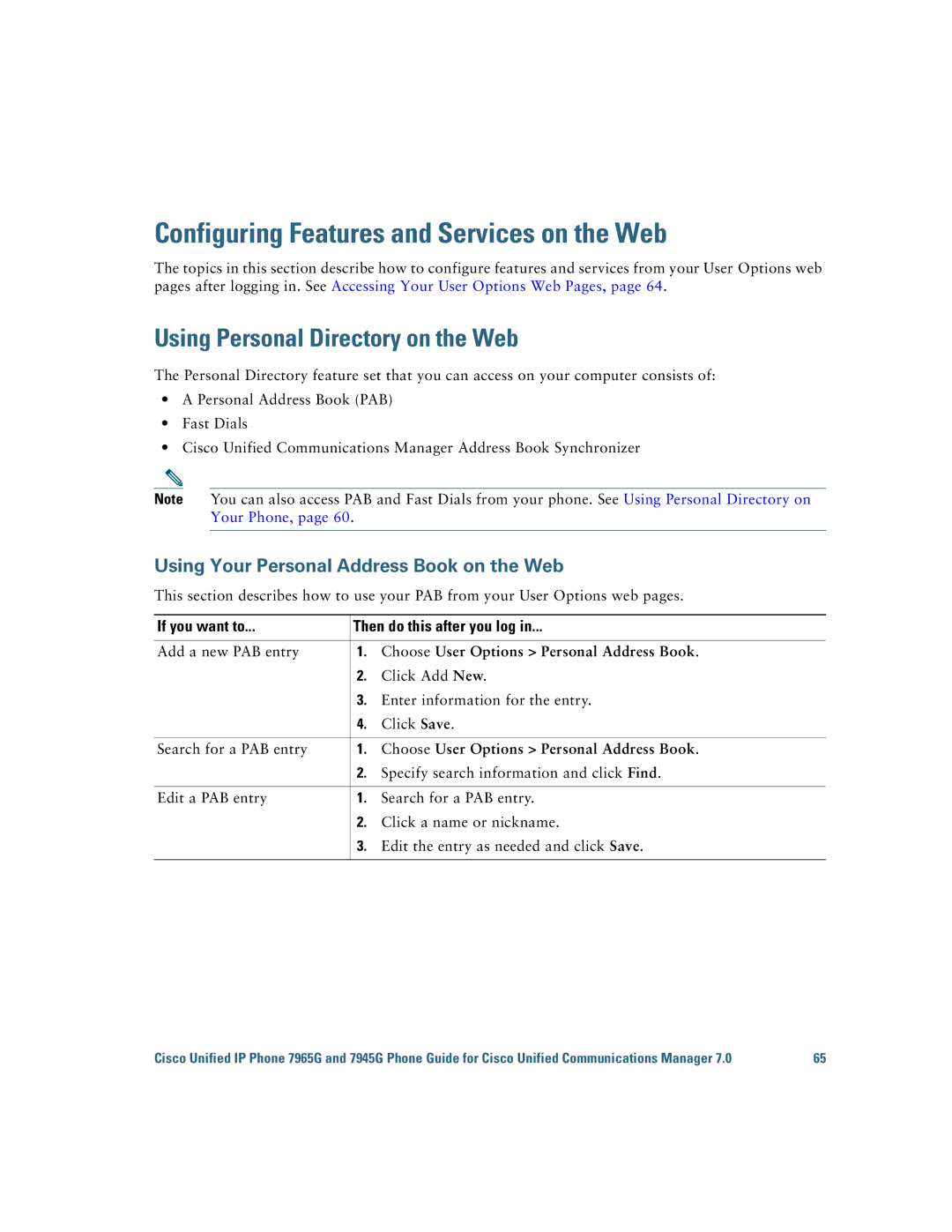 Cisco Systems 7945G, 7965G manual Configuring Features and Services on the Web, Using Personal Directory on the Web 