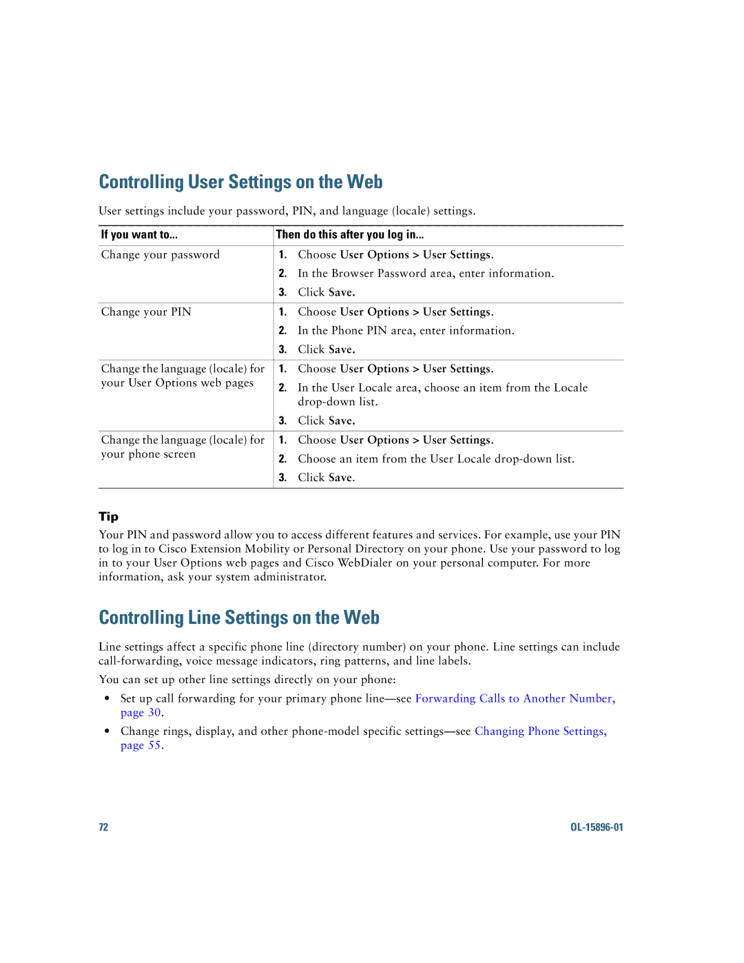 Cisco Systems 7965G, 7945G manual Controlling User Settings on the Web, Controlling Line Settings on the Web 