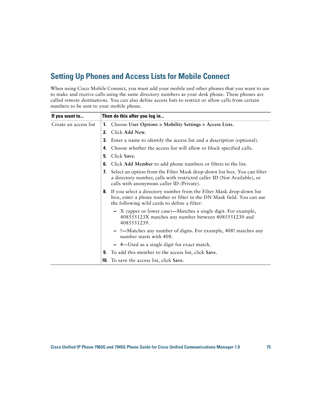 Cisco Systems 7945G, 7965G manual Setting Up Phones and Access Lists for Mobile Connect 