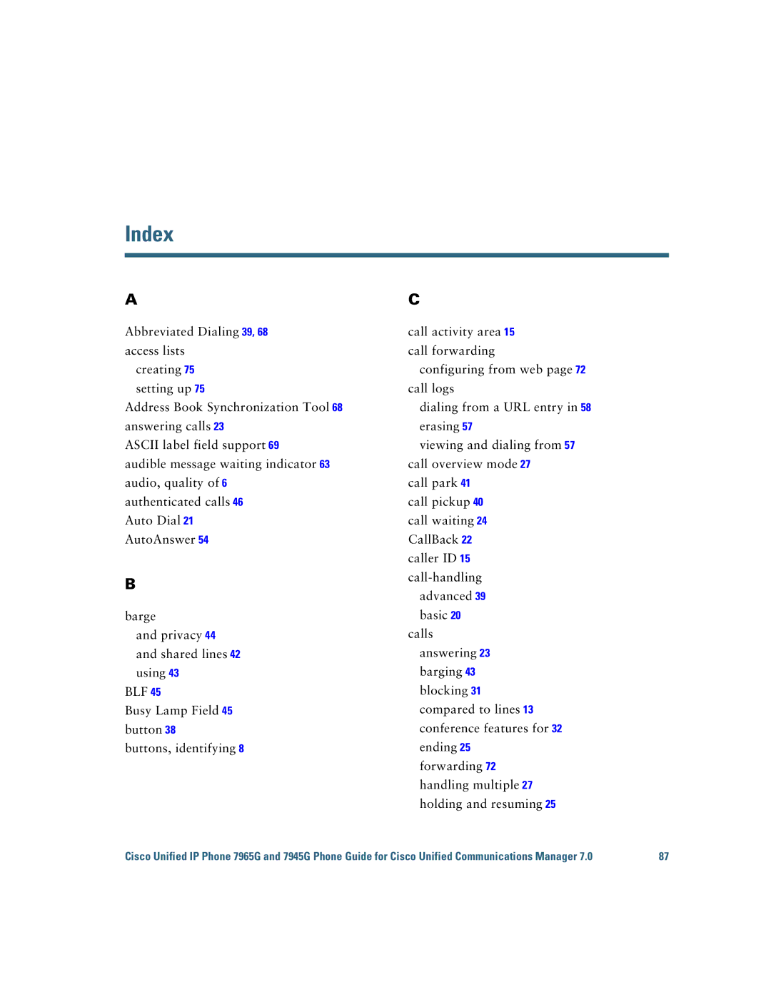 Cisco Systems 7945G, 7965G manual Index 