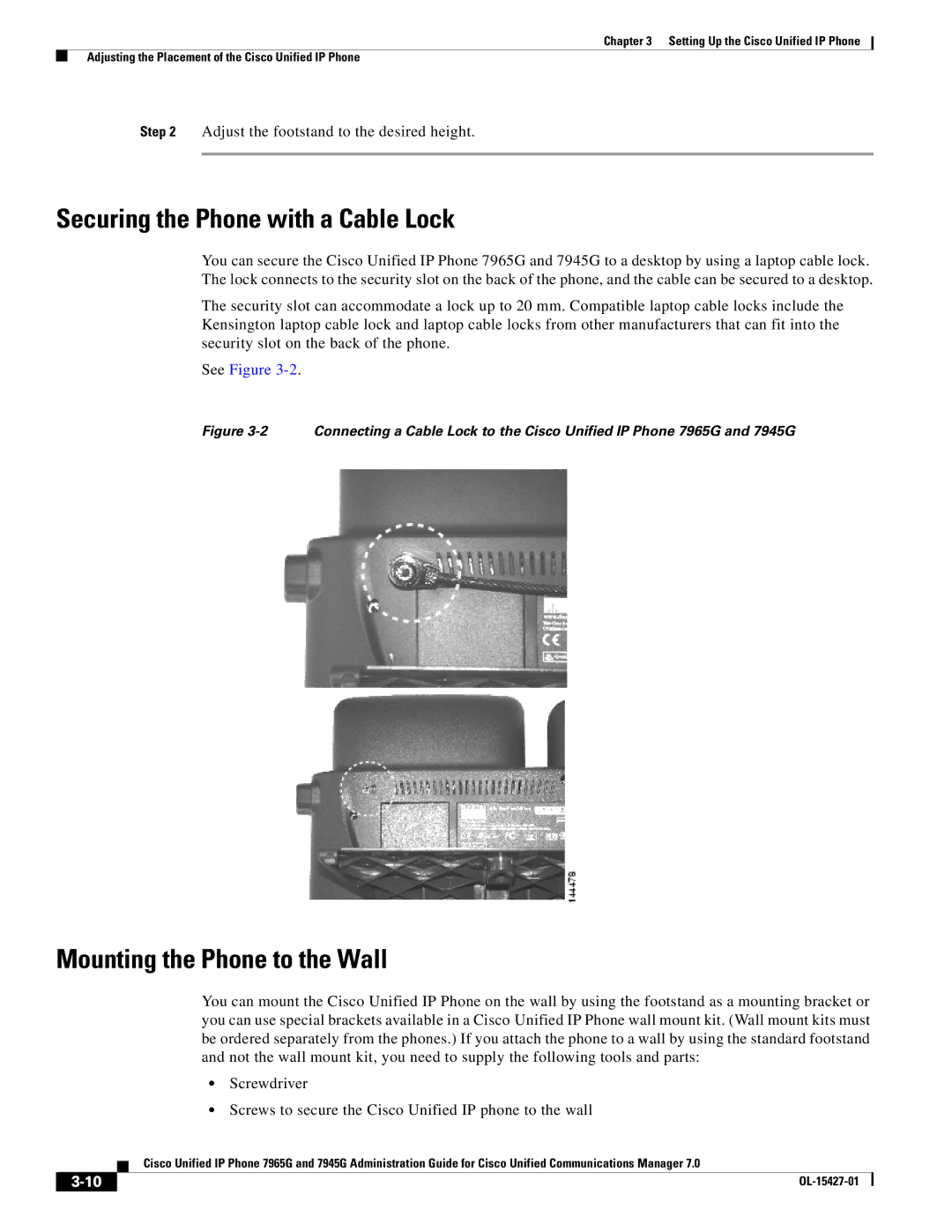 Cisco Systems 7965G, 7945G manual Securing the Phone with a Cable Lock, Mounting the Phone to the Wall 