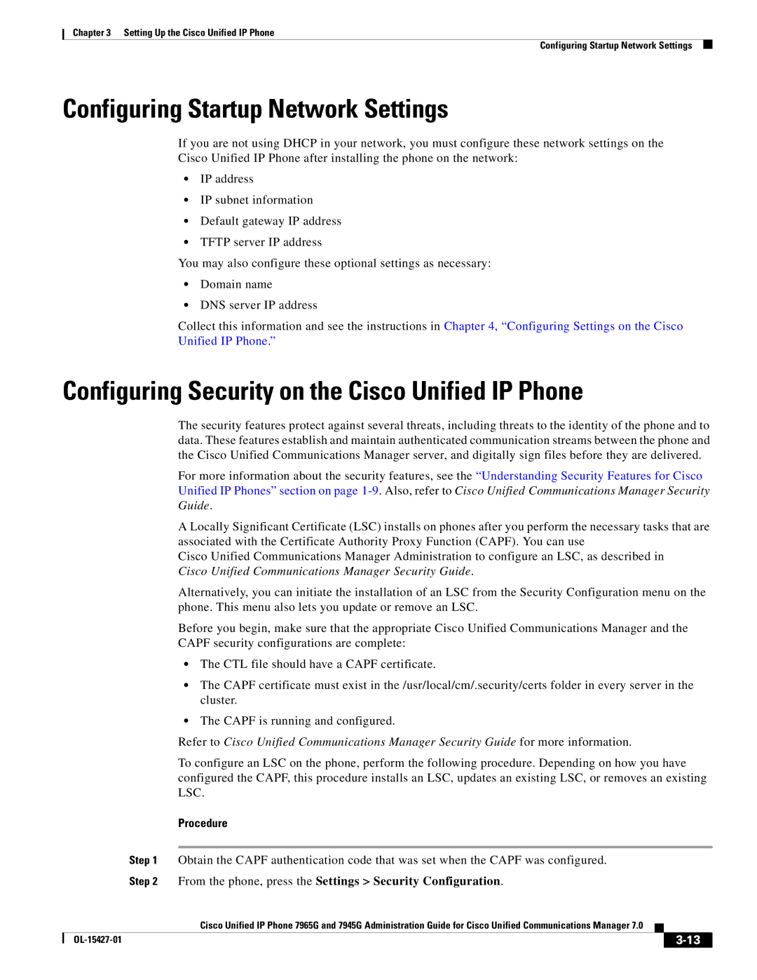 Cisco Systems 7945G, 7965G manual Configuring Startup Network Settings, Configuring Security on the Cisco Unified IP Phone 