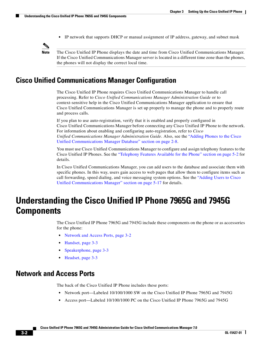 Cisco Systems 7965G, 7945G manual Cisco Unified Communications Manager Configuration, Network and Access Ports 