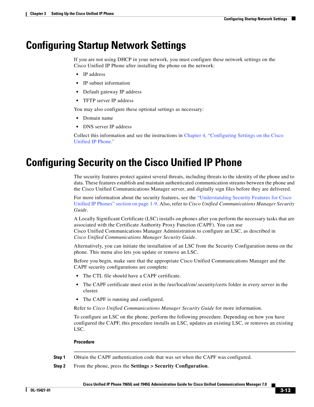 Cisco Systems 7945G, 7965G Configuring Startup Network Settings, Configuring Security on the Cisco Unified IP Phone, 3-13 