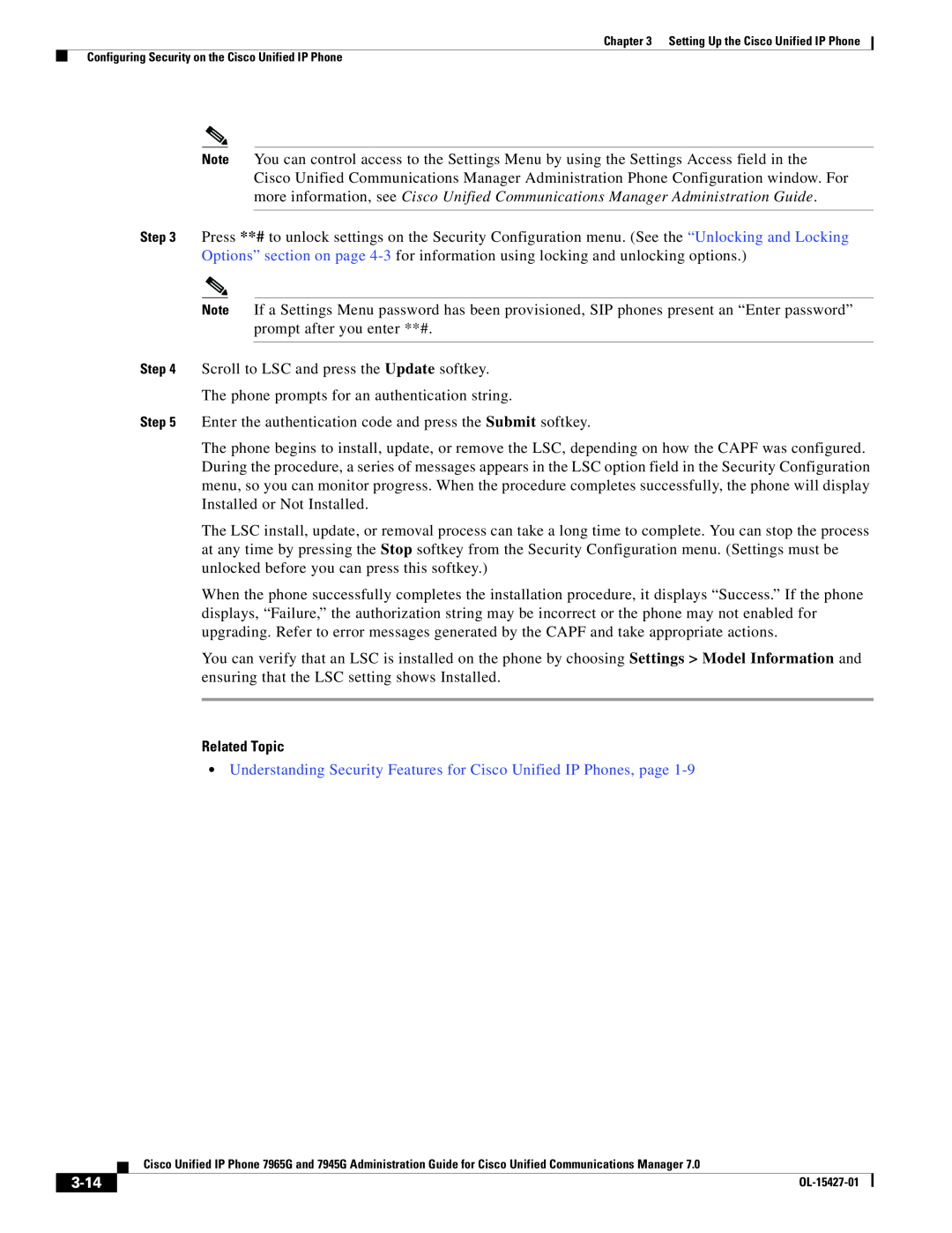 Cisco Systems 7965G, 7945G manual Related Topic, Understanding Security Features for Cisco Unified IP Phones, page, 3-14 