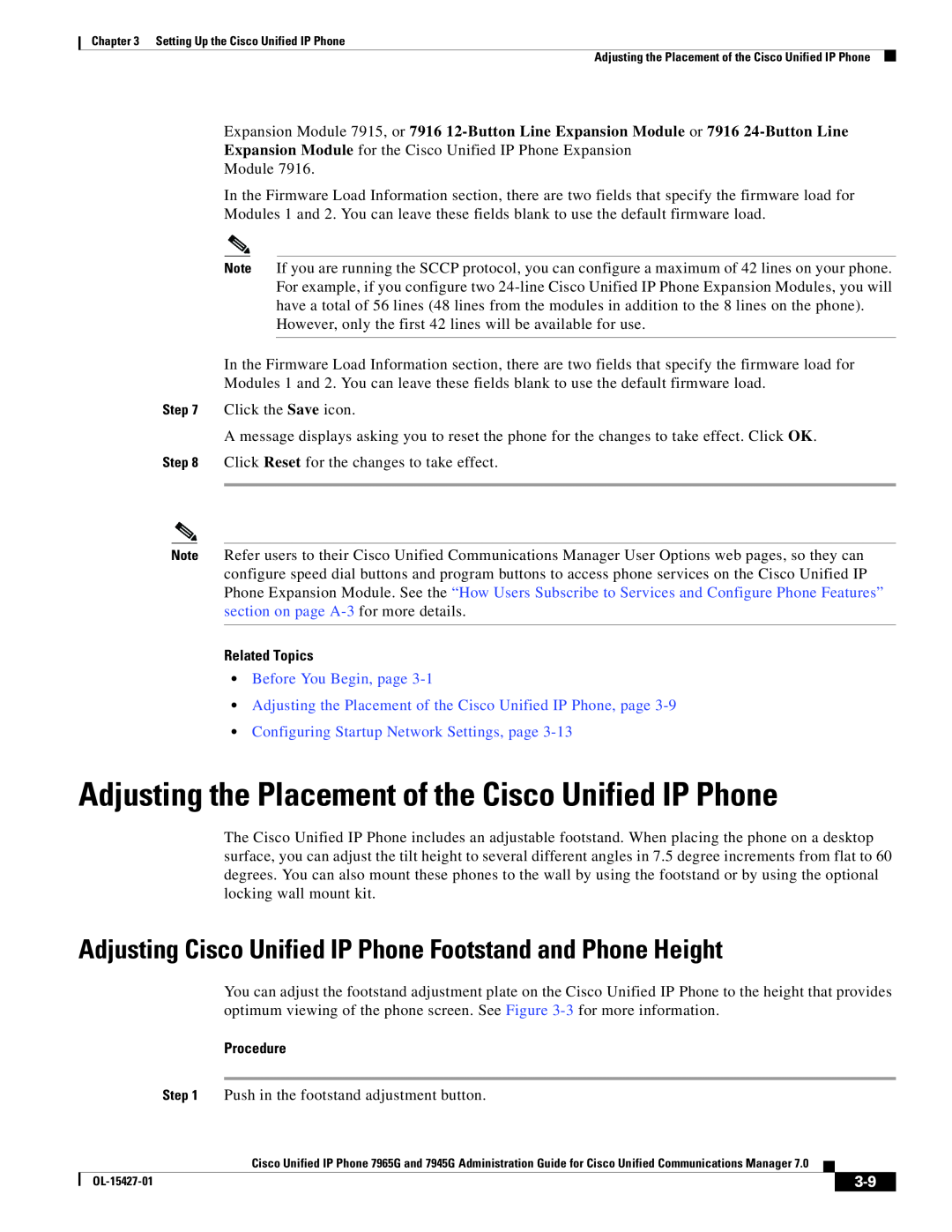 Cisco Systems 7945G, 7965G Adjusting the Placement of the Cisco Unified IP Phone, Related Topics, Before You Begin, page 