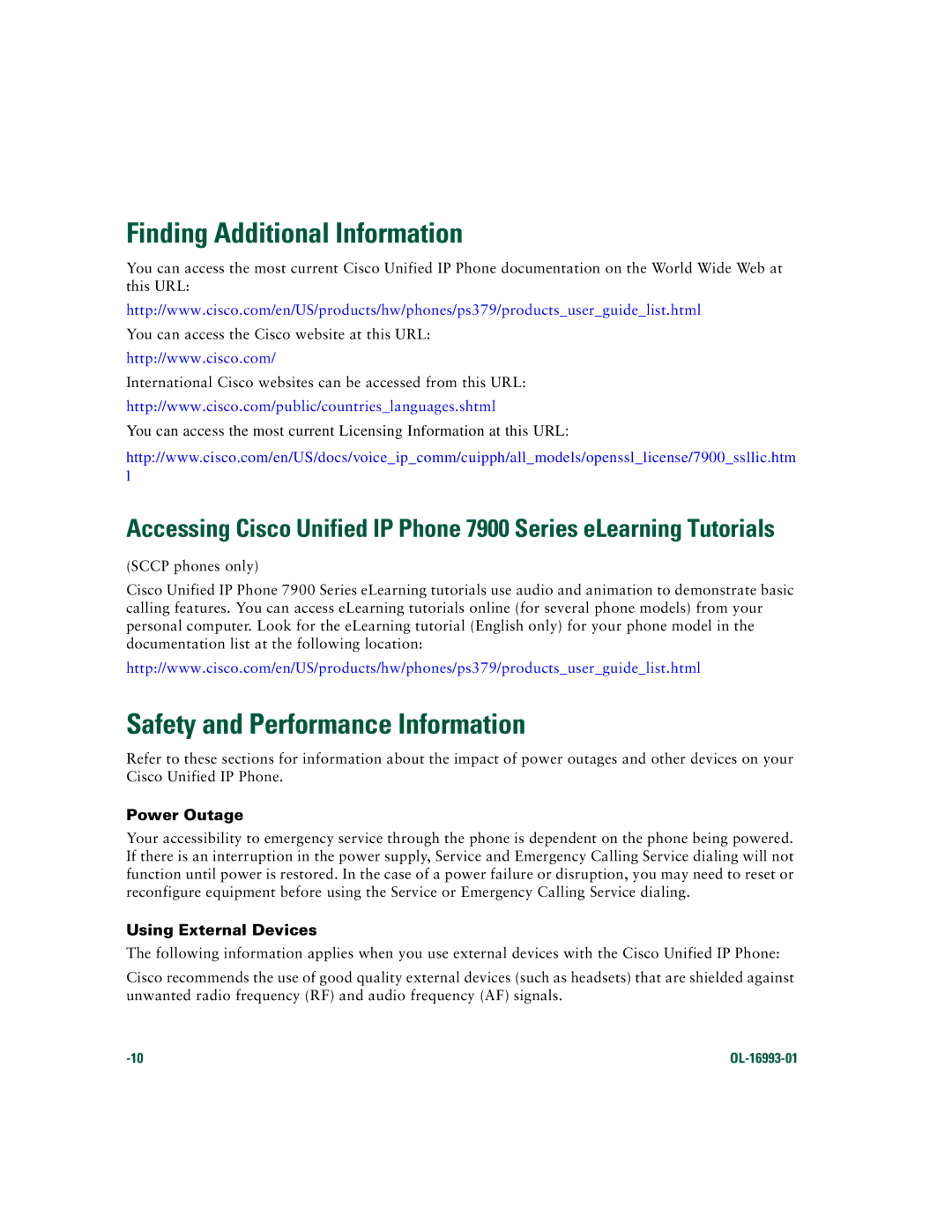 Cisco Systems 7970 Series manual Finding Additional Information, Safety and Performance Information, Power Outage 