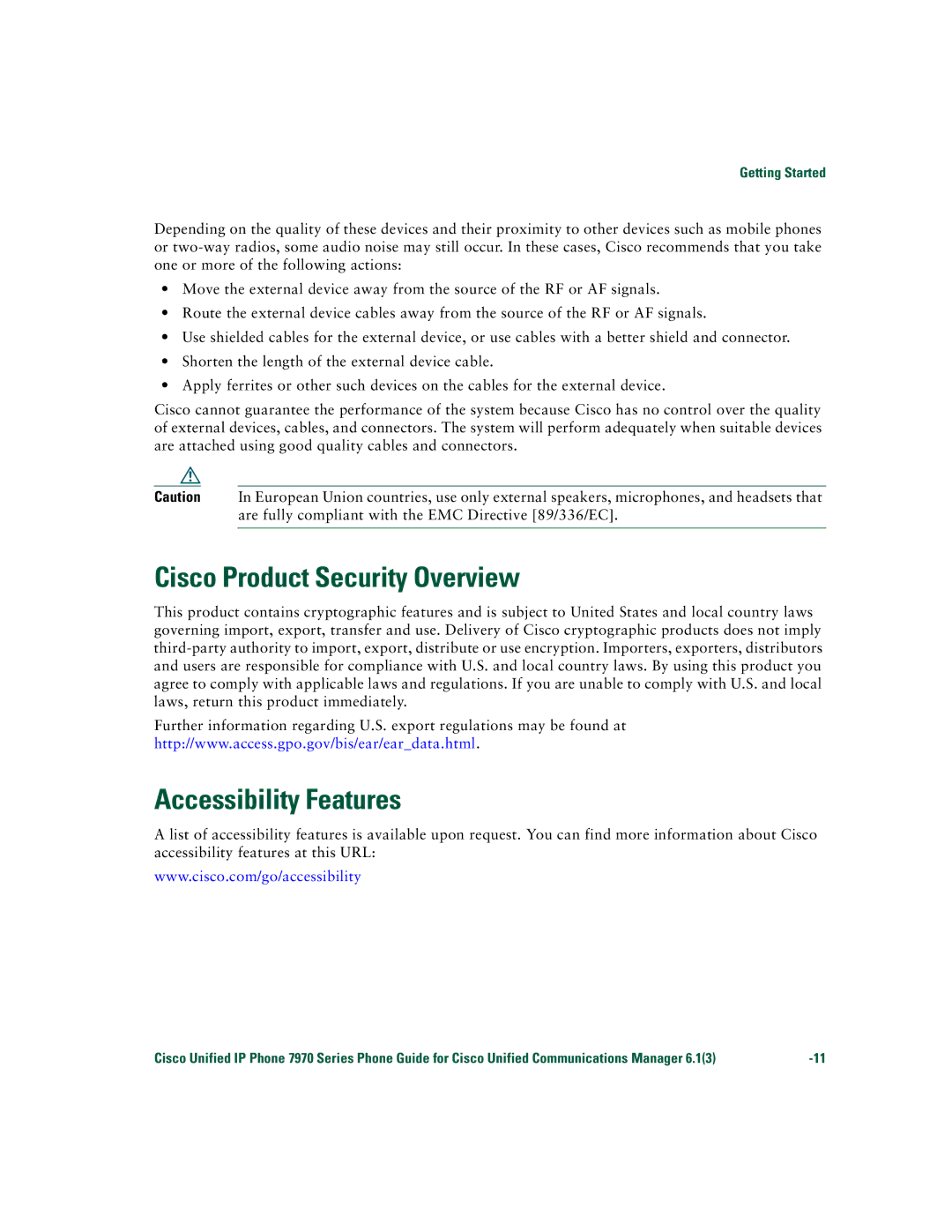 Cisco Systems 7970 Series manual Cisco Product Security Overview, Accessibility Features 