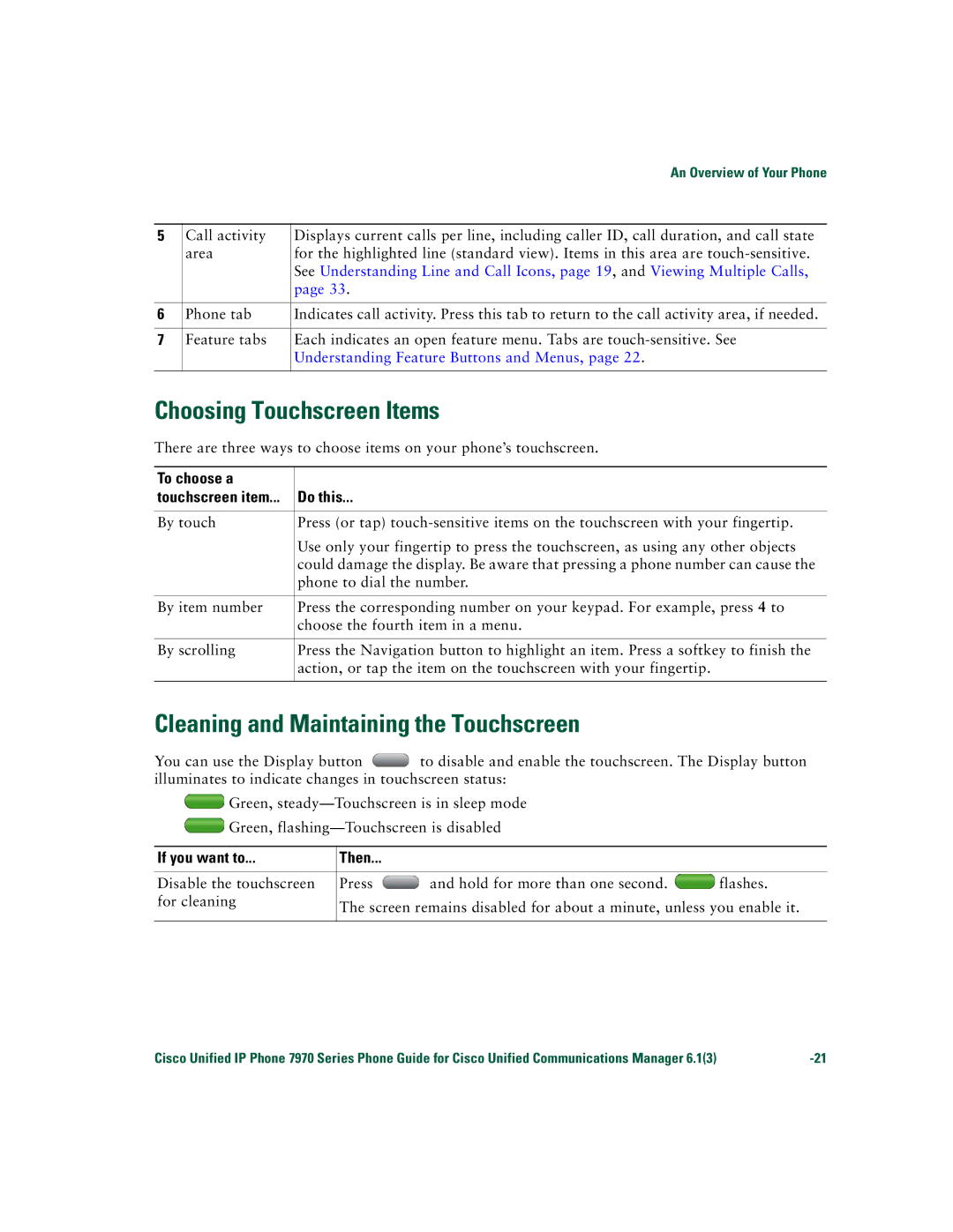 Cisco Systems 7970 Series manual Choosing Touchscreen Items, Cleaning and Maintaining the Touchscreen, To choose a, Do this 