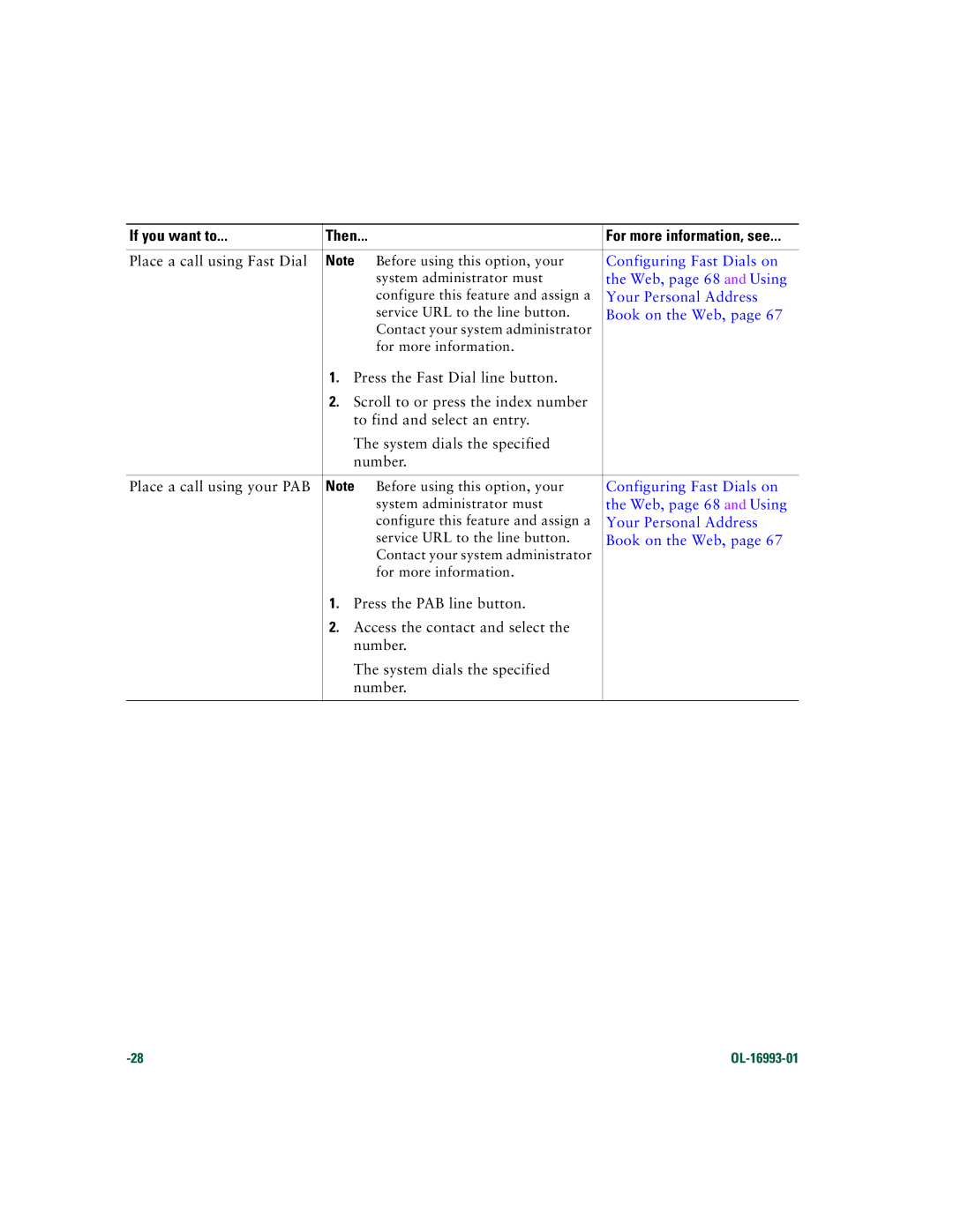 Cisco Systems 7970 Series manual Configuring Fast Dials on, Web, page 68 and Using, Your Personal Address, Book on the Web 