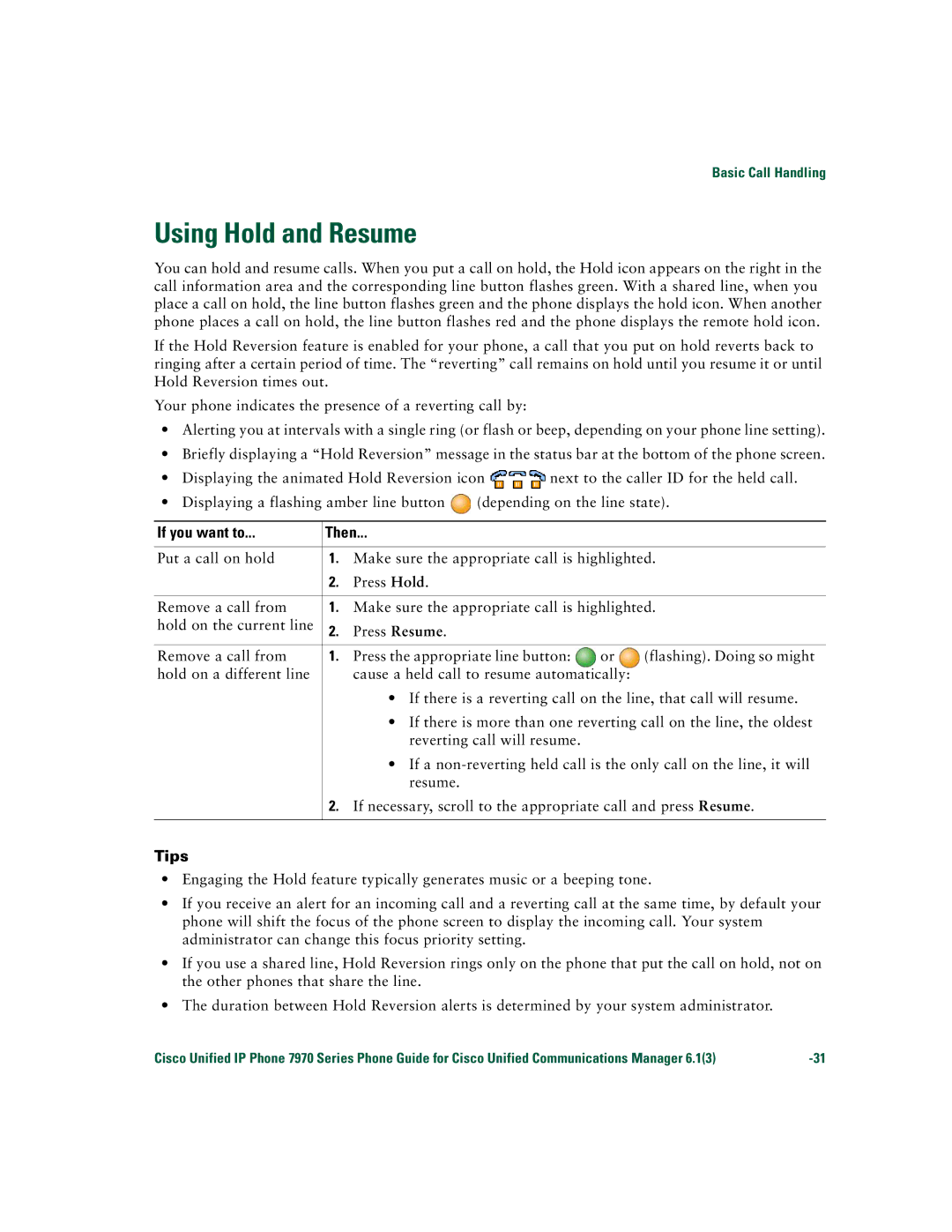 Cisco Systems 7970 Series manual Using Hold and Resume, Tips 