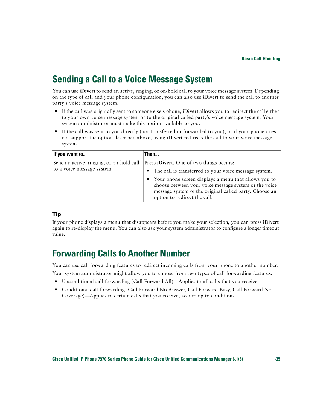 Cisco Systems 7970 Series manual Sending a Call to a Voice Message System, Forwarding Calls to Another Number 