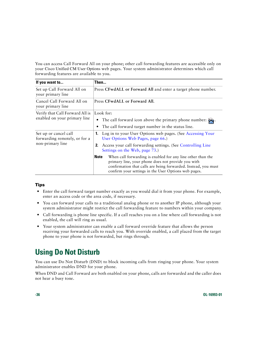 Cisco Systems 7970 Series Using Do Not Disturb, Press CFwdALL or Forward All, User Options Web Pages, Settings on the Web 