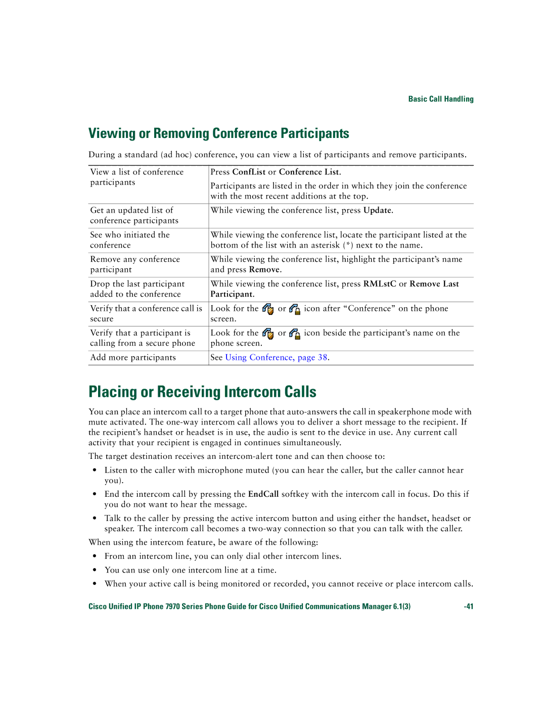 Cisco Systems 7970 Series manual Placing or Receiving Intercom Calls, Viewing or Removing Conference Participants 