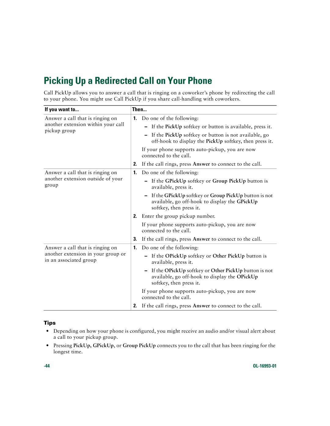 Cisco Systems 7970 Series manual Picking Up a Redirected Call on Your Phone, Tips 