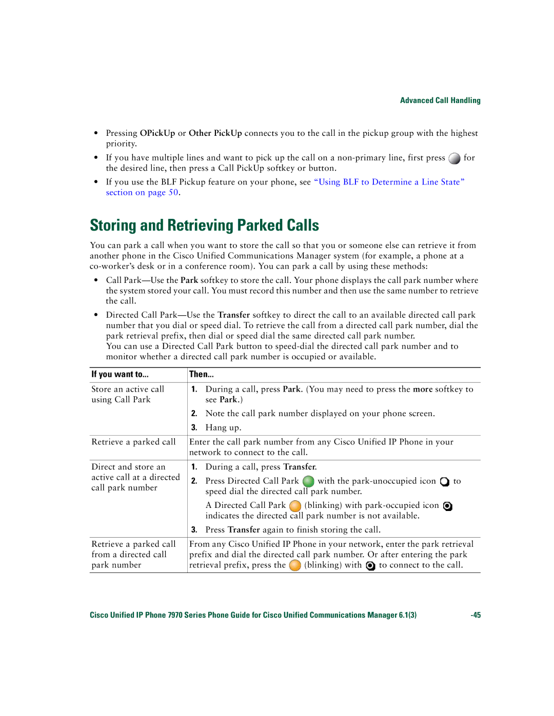 Cisco Systems 7970 Series manual Storing and Retrieving Parked Calls 