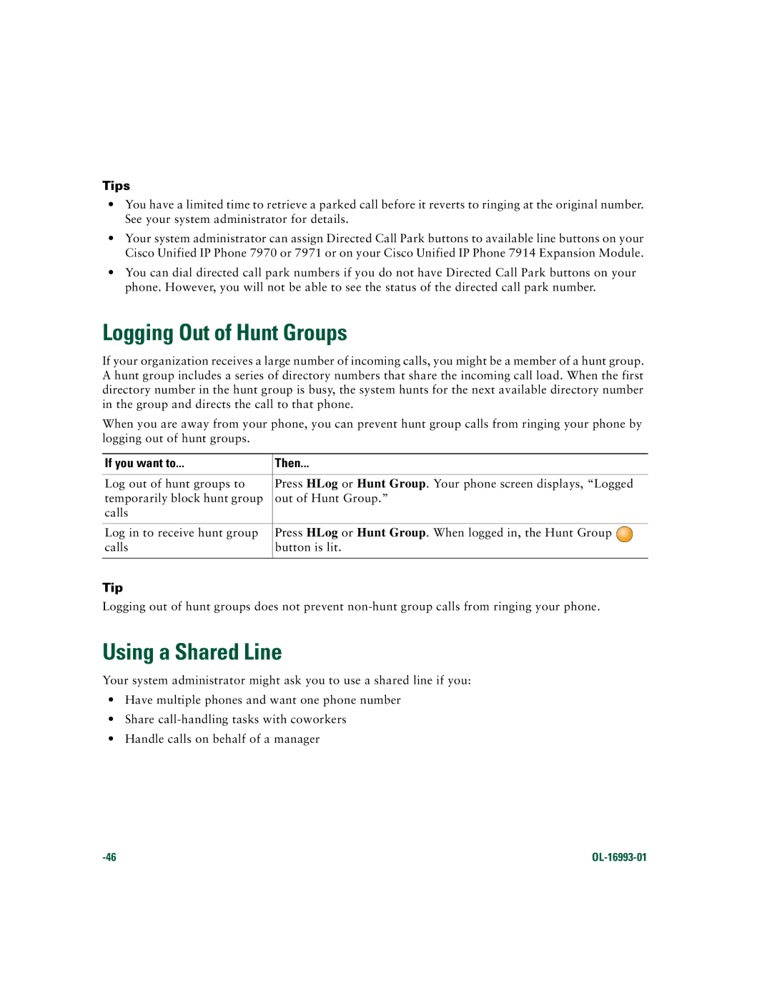 Cisco Systems 7970 Series manual Logging Out of Hunt Groups, Using a Shared Line 