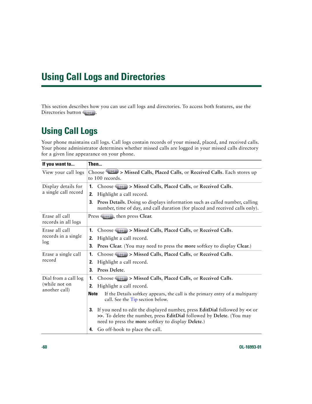 Cisco Systems 7970 Series Using Call Logs and Directories, Missed Calls, Placed Calls, or Received Calls, Press Delete 