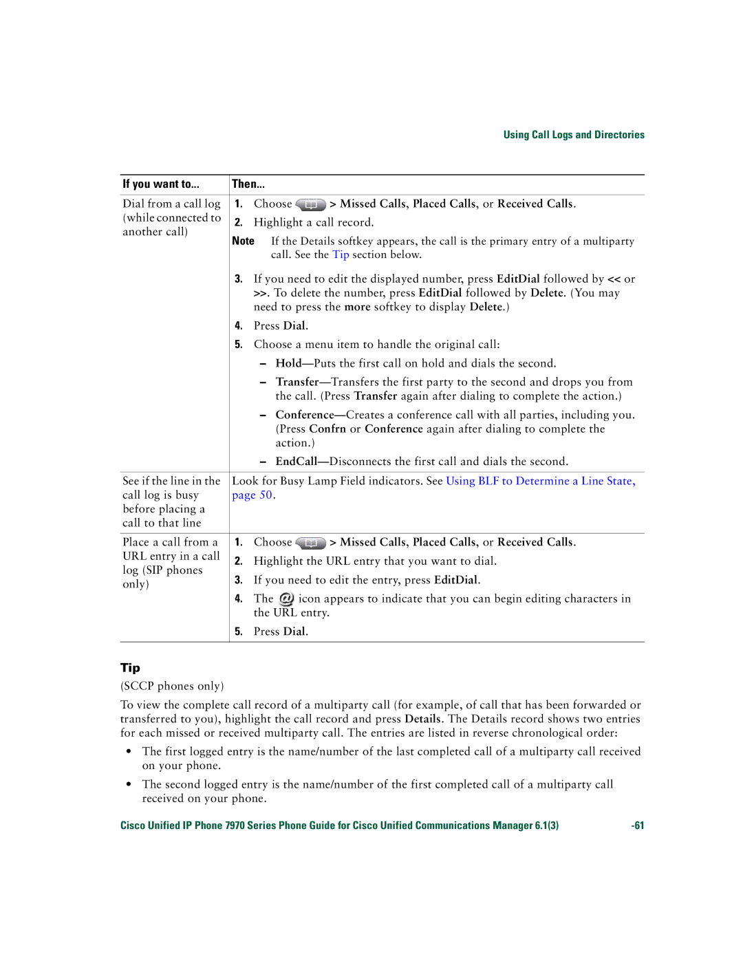 Cisco Systems 7970 Series manual Using Call Logs and Directories 