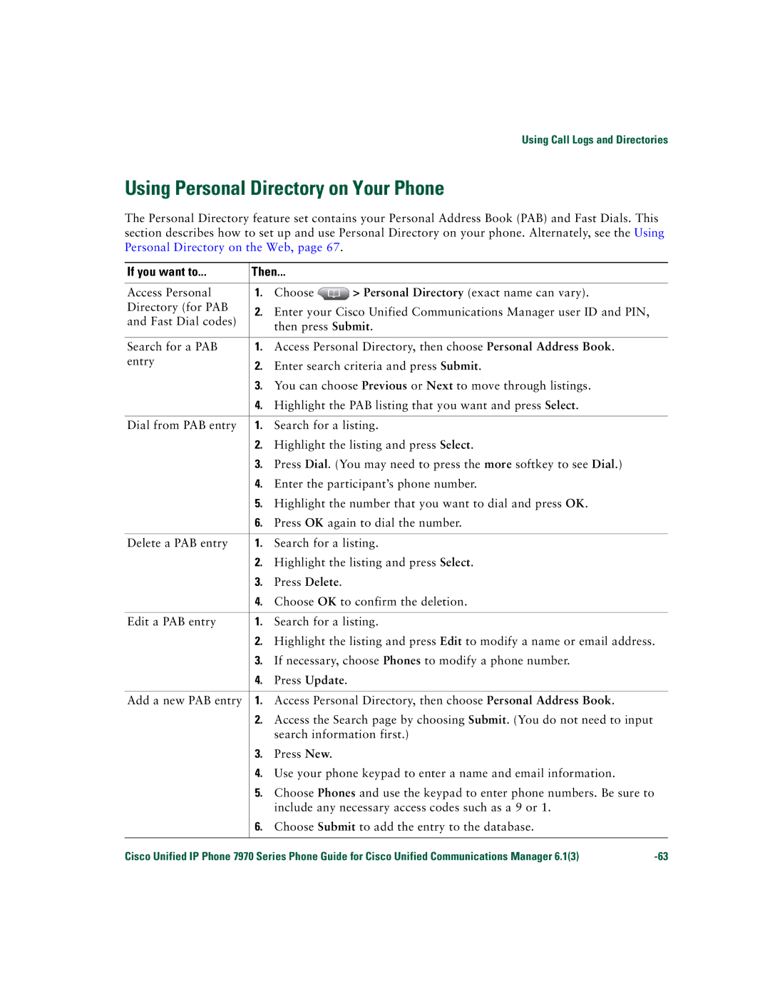 Cisco Systems 7970 Series manual Using Personal Directory on Your Phone 