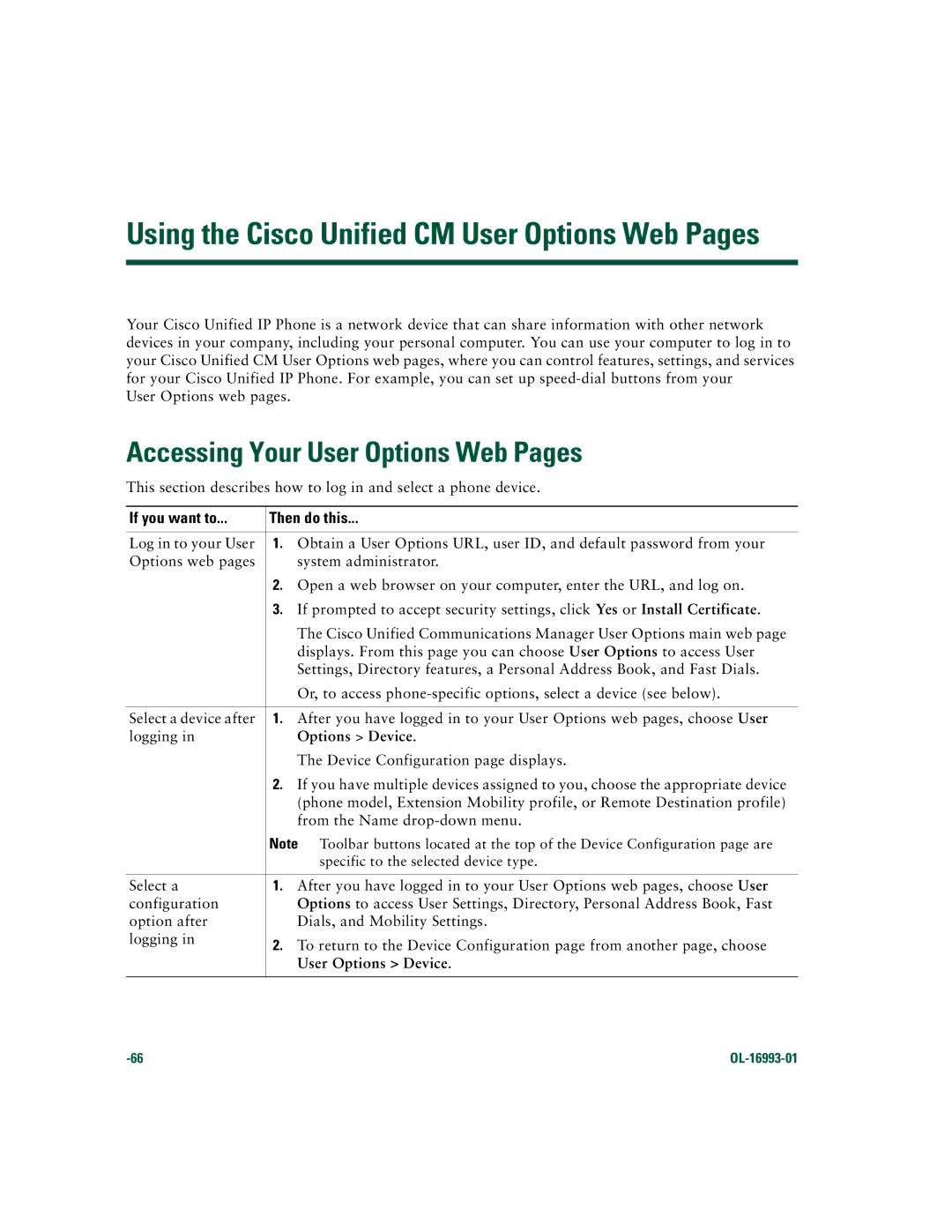 Cisco Systems 7970 Series manual Accessing Your User Options Web Pages, If you want to Then do this, Options Device 