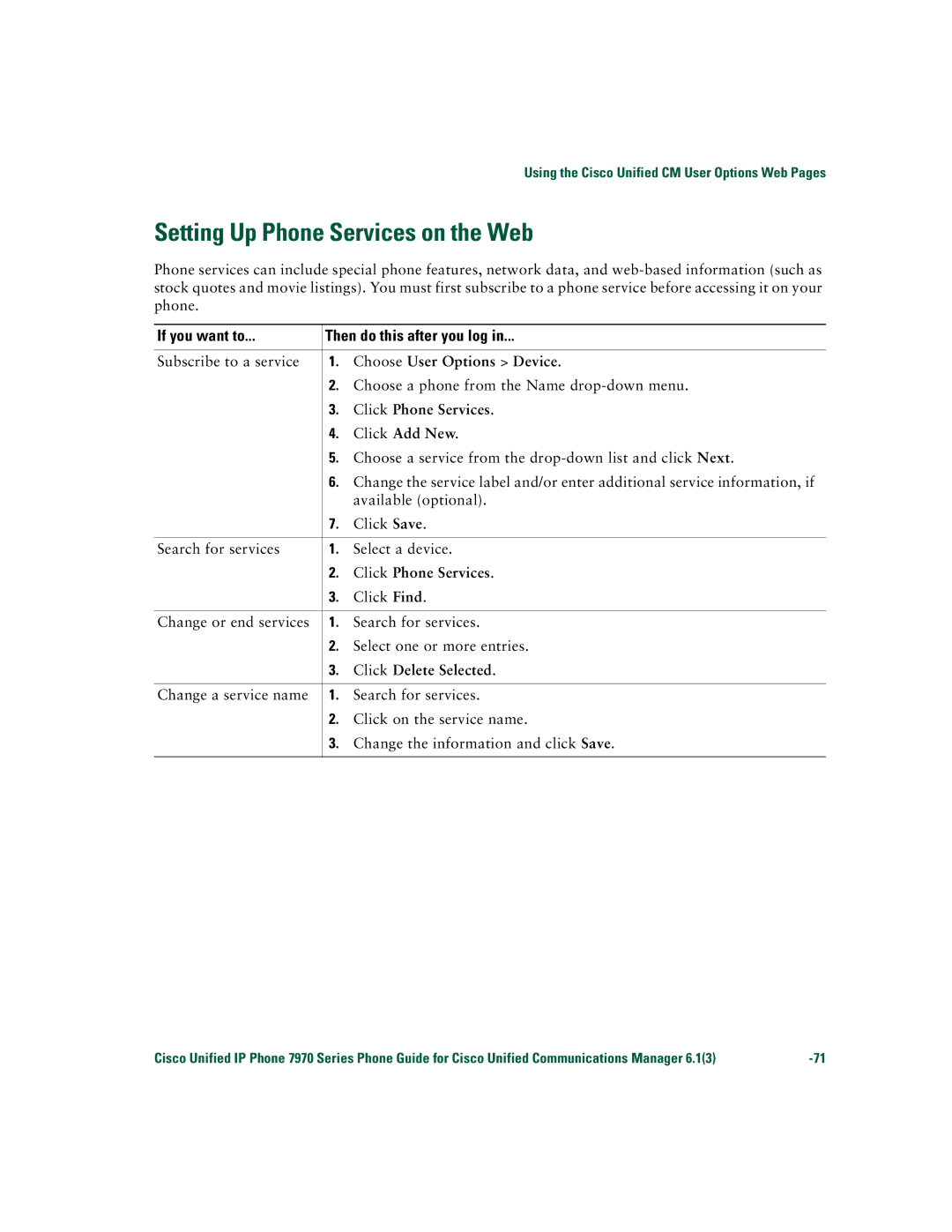 Cisco Systems 7970 Series manual Setting Up Phone Services on the Web, Click Phone Services 
