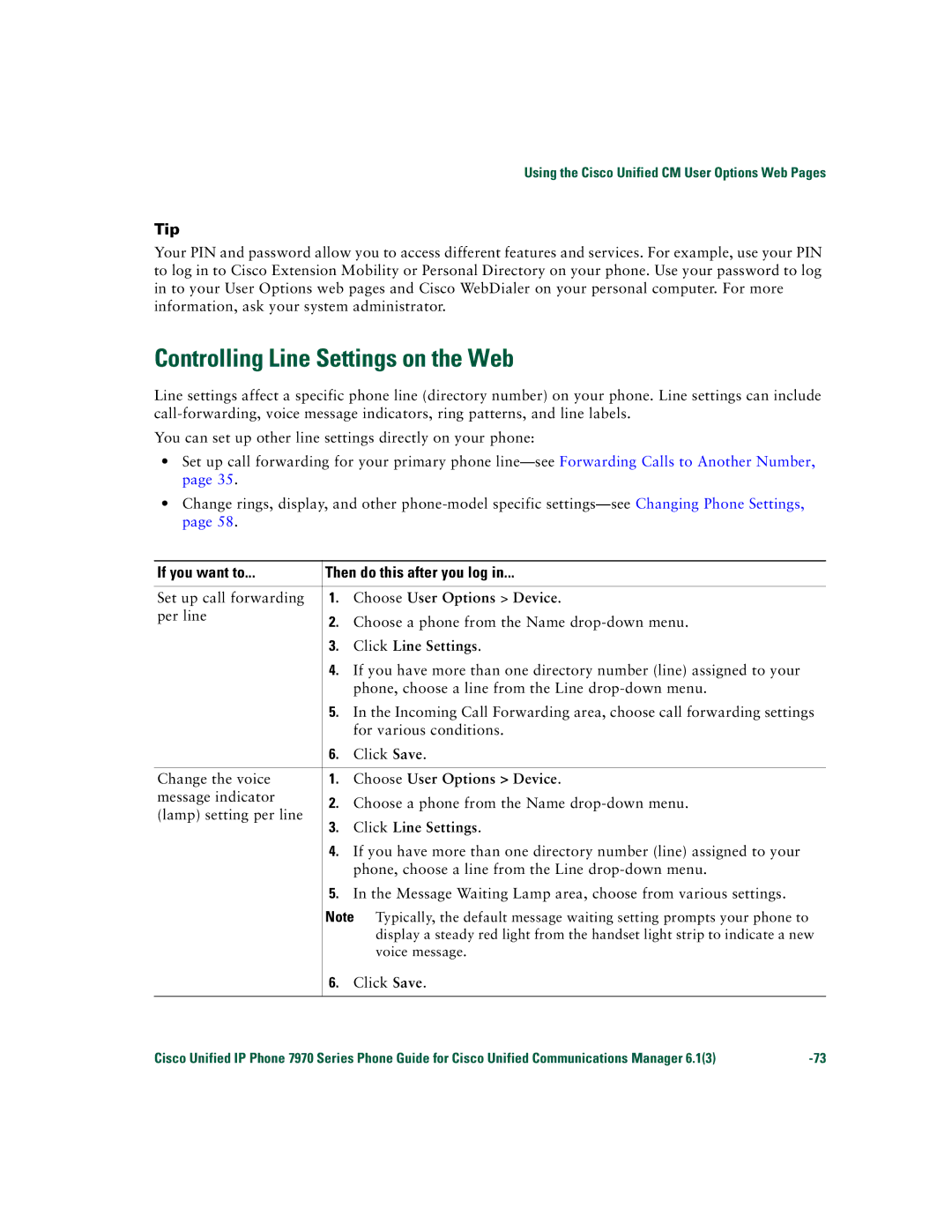 Cisco Systems 7970 Series manual Controlling Line Settings on the Web, Click Line Settings 