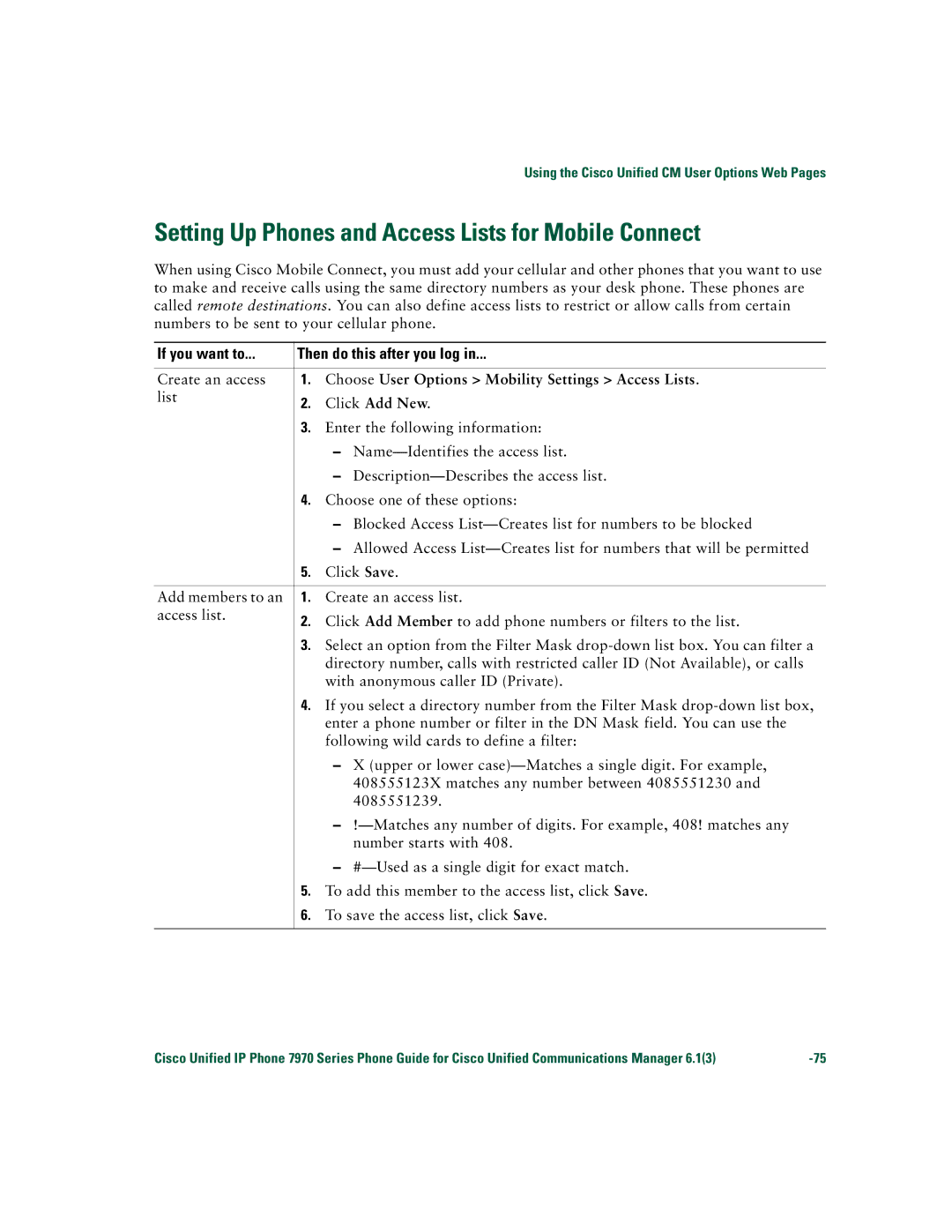 Cisco Systems 7970 Series manual Setting Up Phones and Access Lists for Mobile Connect 