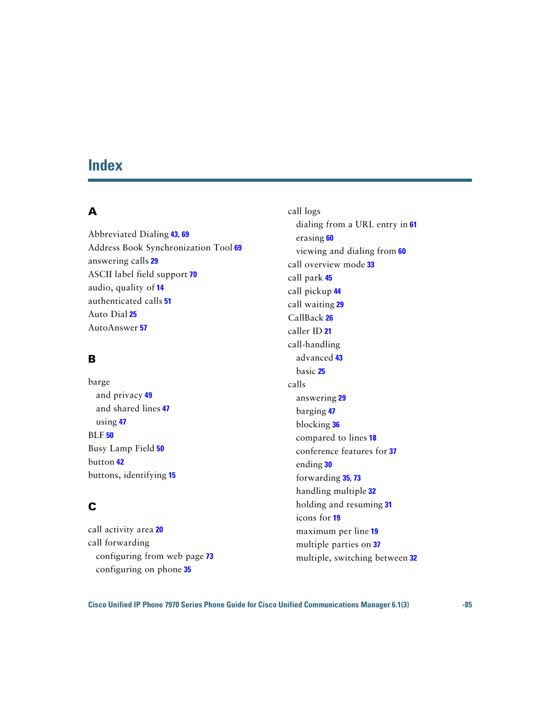 Cisco Systems 7970 Series manual Index 