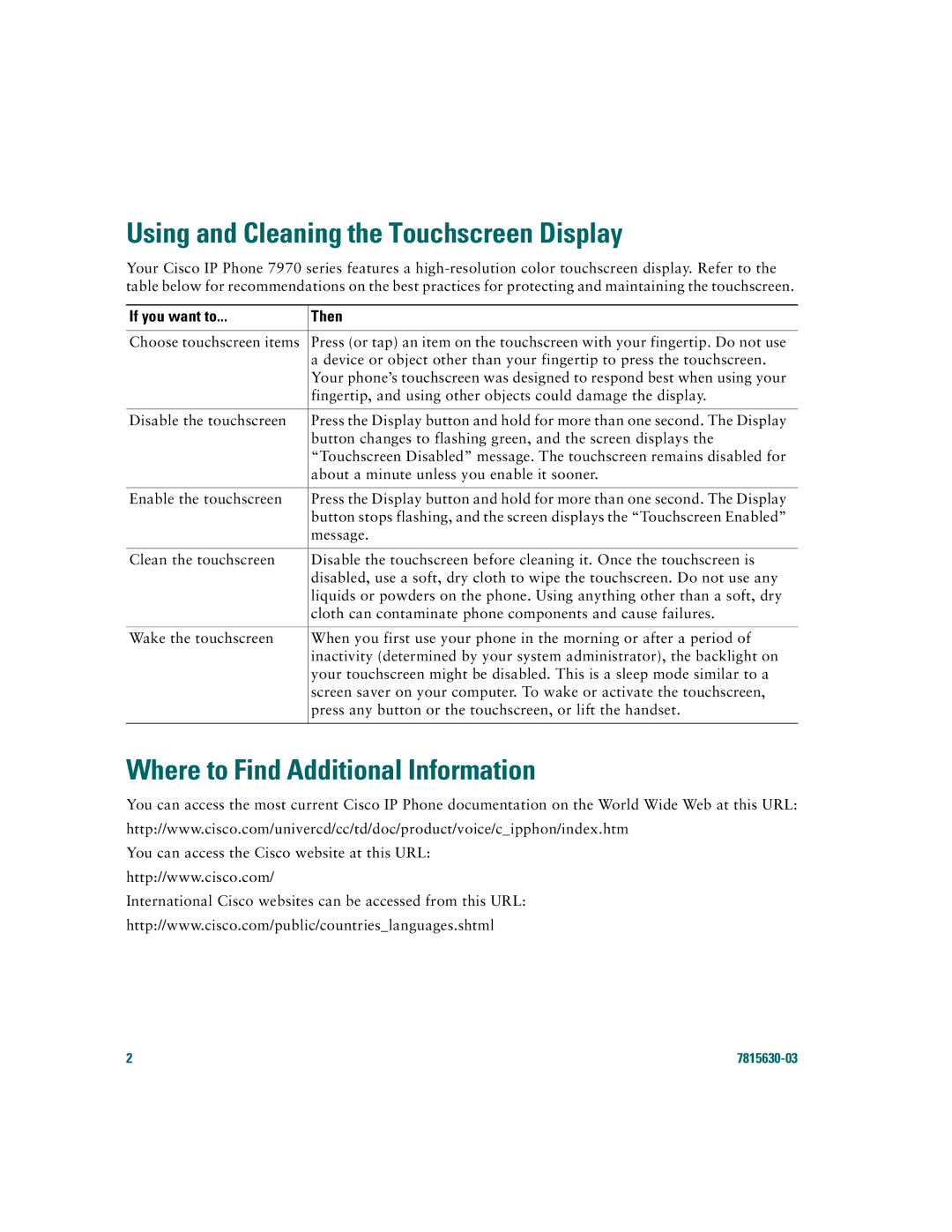 Cisco Systems 7970 warranty Using and Cleaning the Touchscreen Display, Where to Find Additional Information 