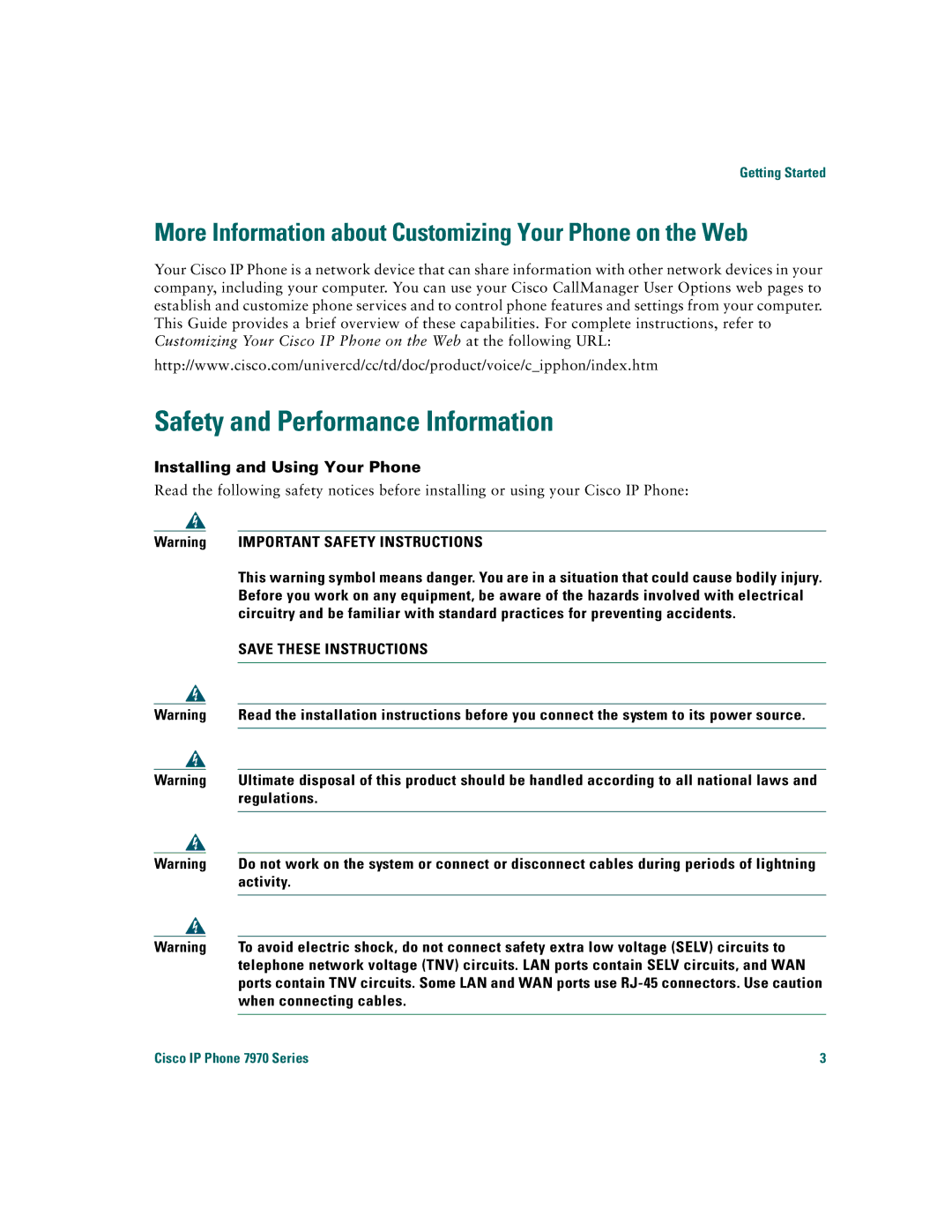 Cisco Systems 7970 warranty Safety and Performance Information, Installing and Using Your Phone 