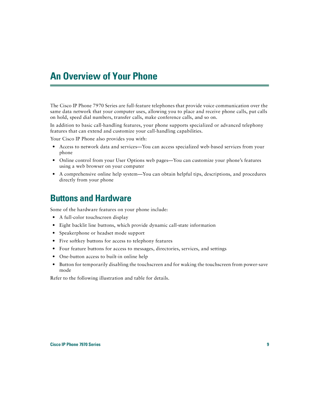 Cisco Systems 7970 warranty An Overview of Your Phone, Buttons and Hardware 