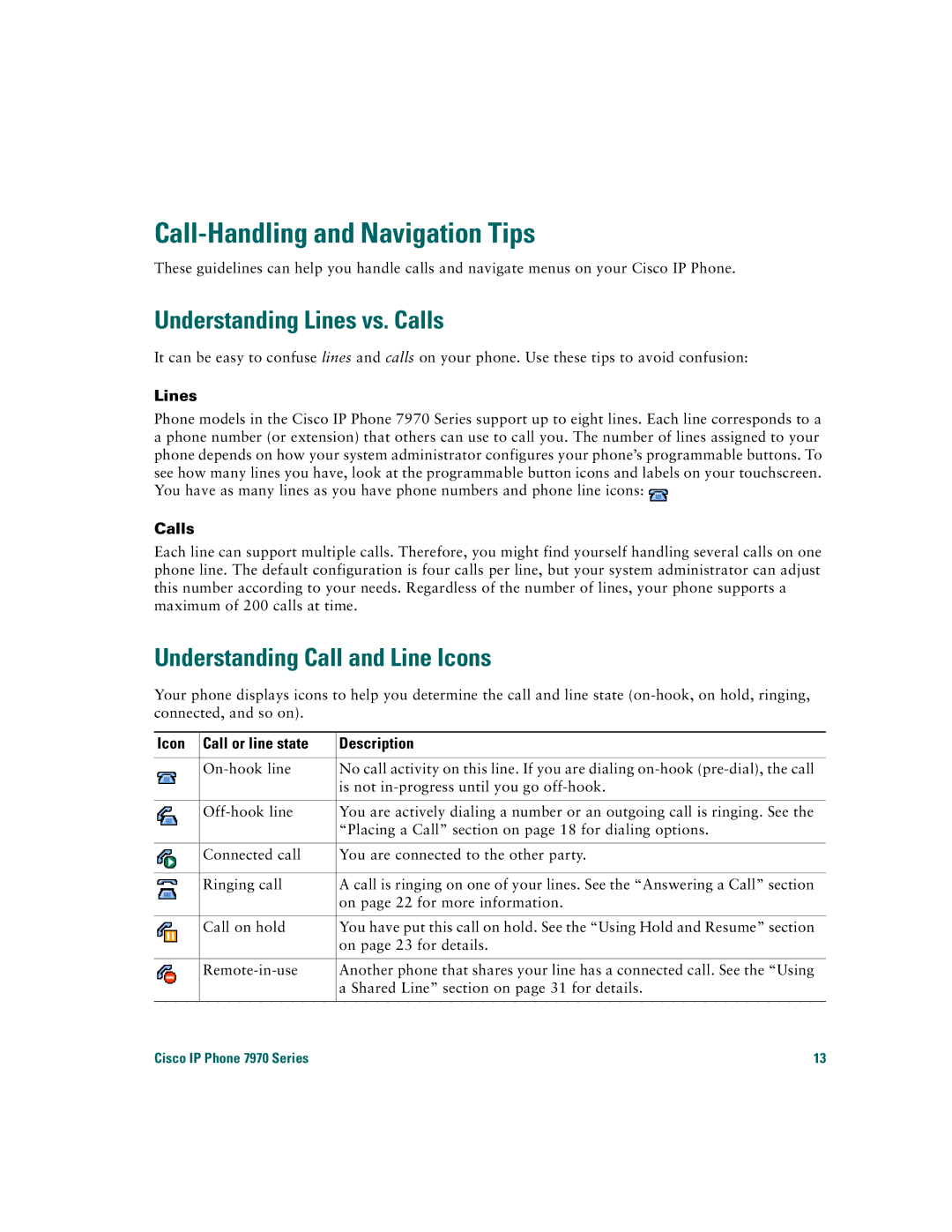 Cisco Systems 7970 Call-Handling and Navigation Tips, Understanding Lines vs. Calls, Understanding Call and Line Icons 