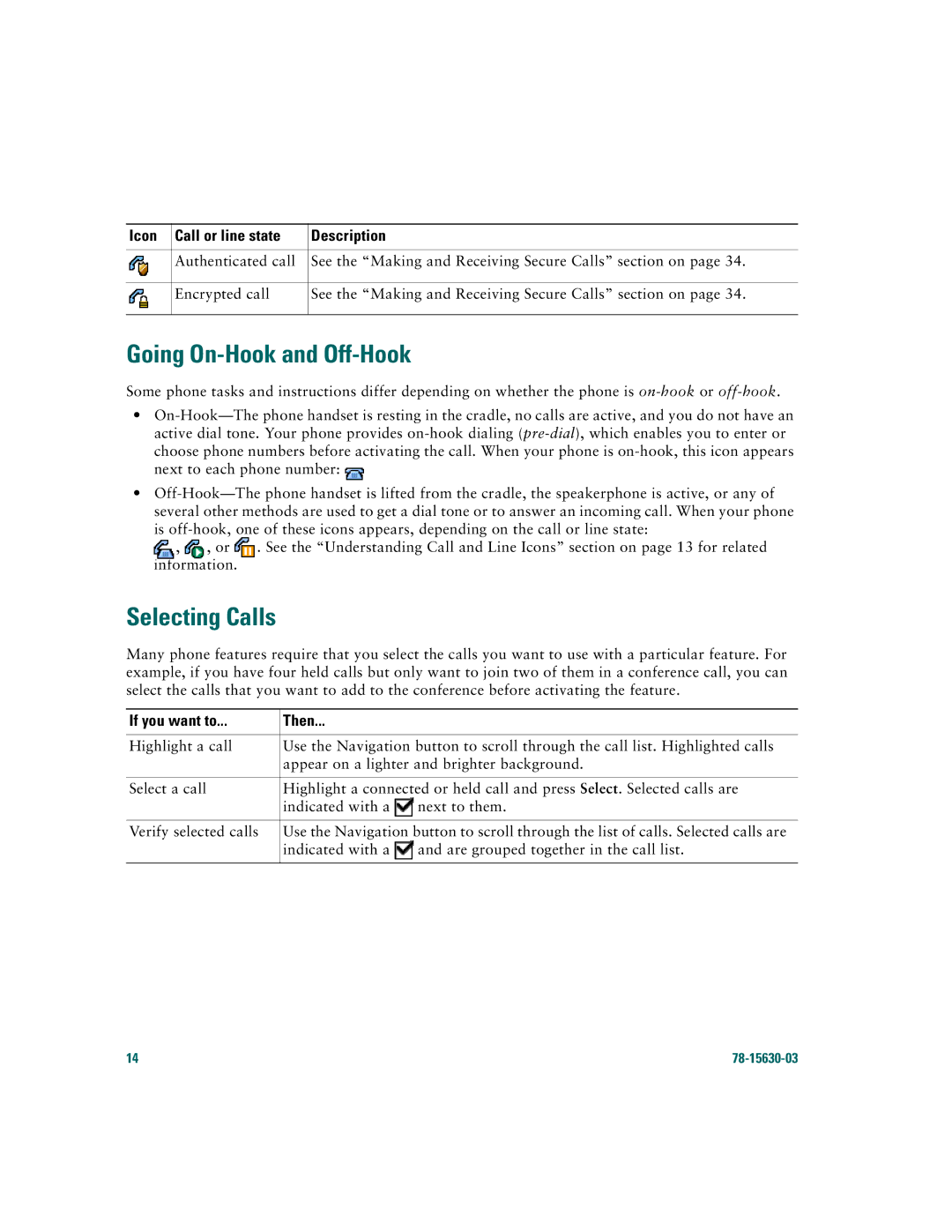 Cisco Systems 7970 warranty Going On-Hook and Off-Hook, Selecting Calls 