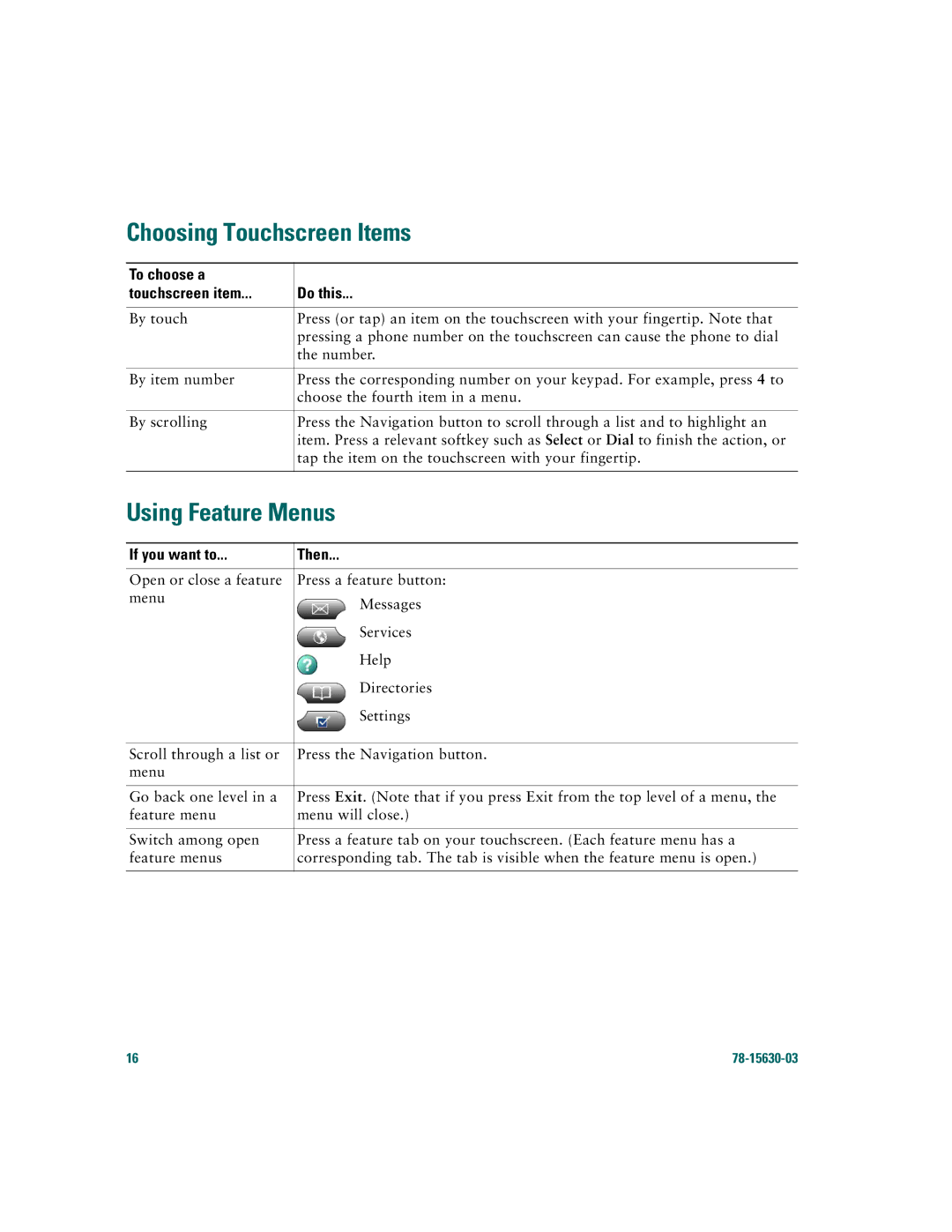 Cisco Systems 7970 warranty Choosing Touchscreen Items, Using Feature Menus, To choose a Touchscreen item Do this 