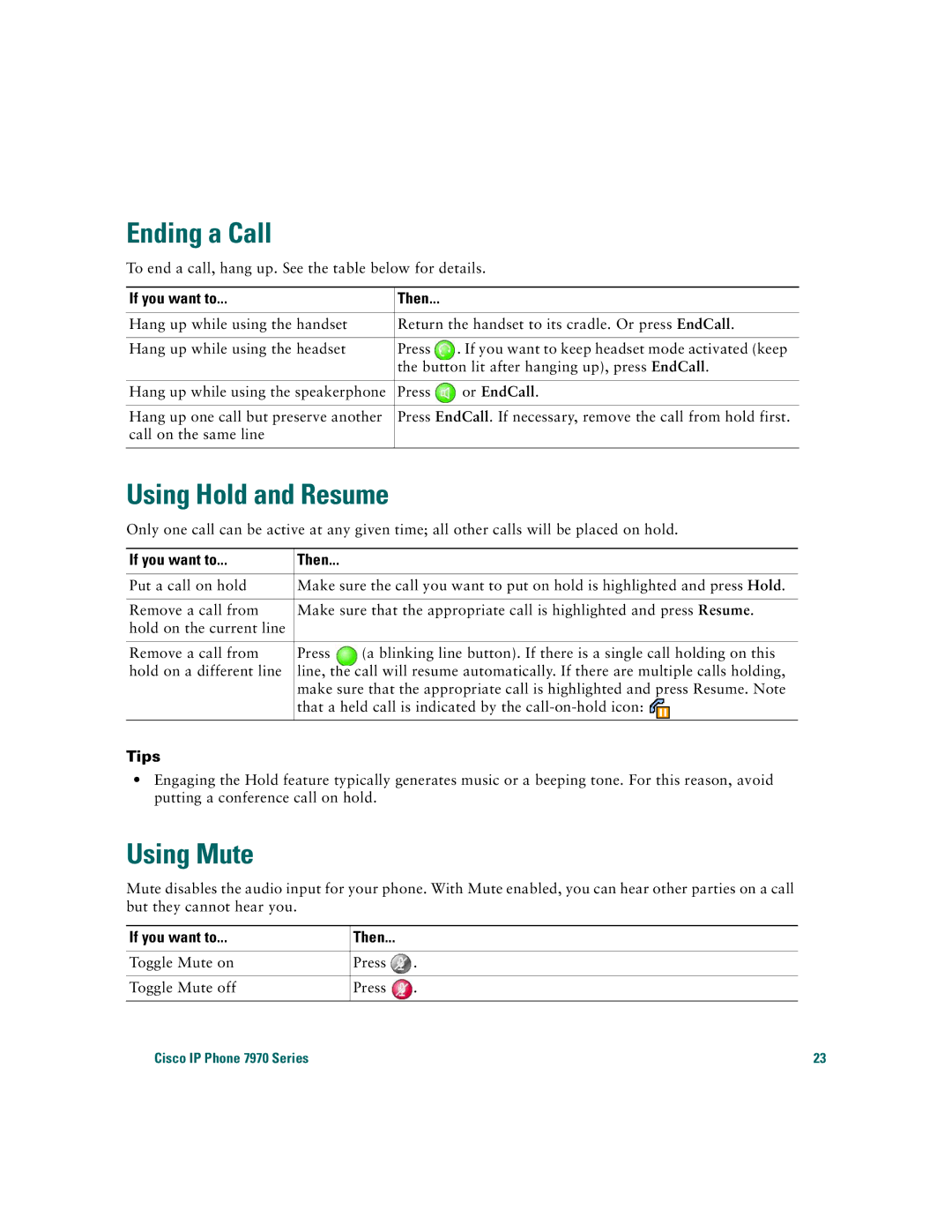 Cisco Systems 7970 warranty Ending a Call, Using Hold and Resume, Using Mute, Or EndCall 