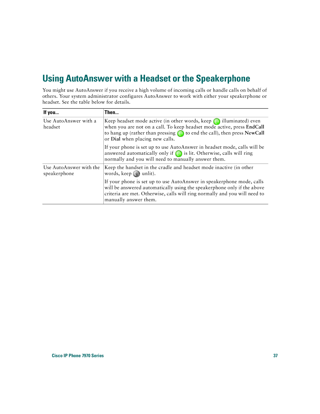 Cisco Systems 7970 warranty Using AutoAnswer with a Headset or the Speakerphone 