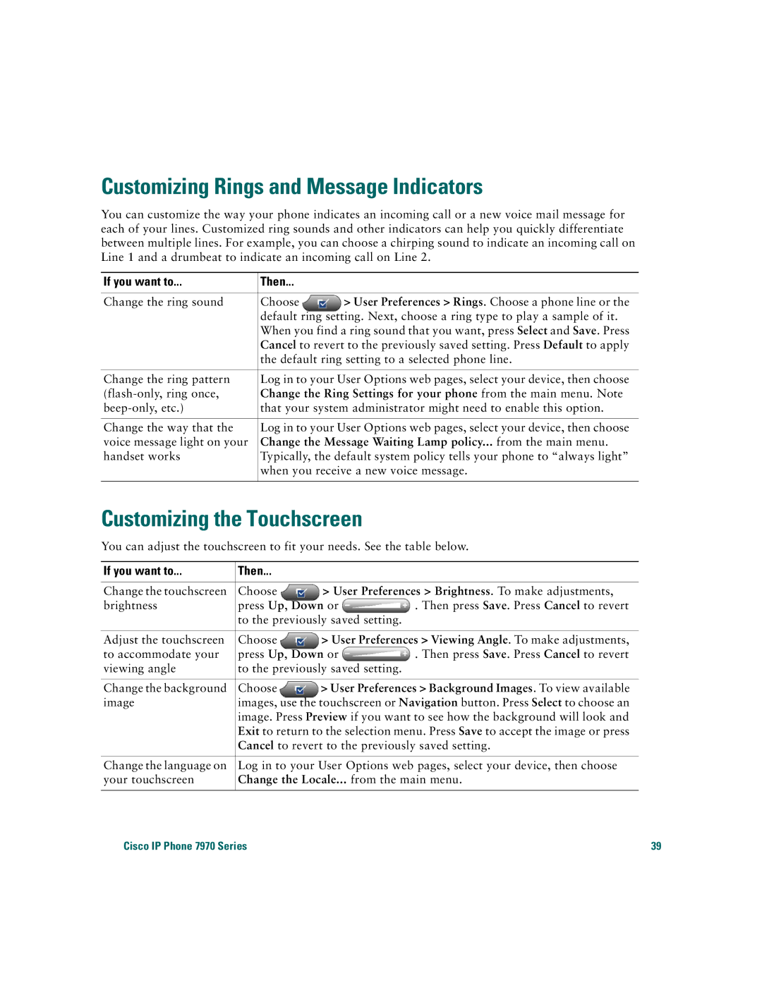 Cisco Systems 7970 warranty Customizing Rings and Message Indicators, Customizing the Touchscreen 