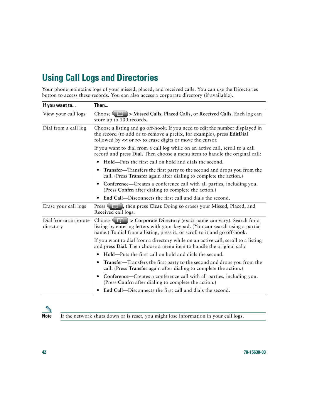 Cisco Systems 7970 warranty Using Call Logs and Directories, Missed Calls, Placed Calls, or Received Calls. Each log can 