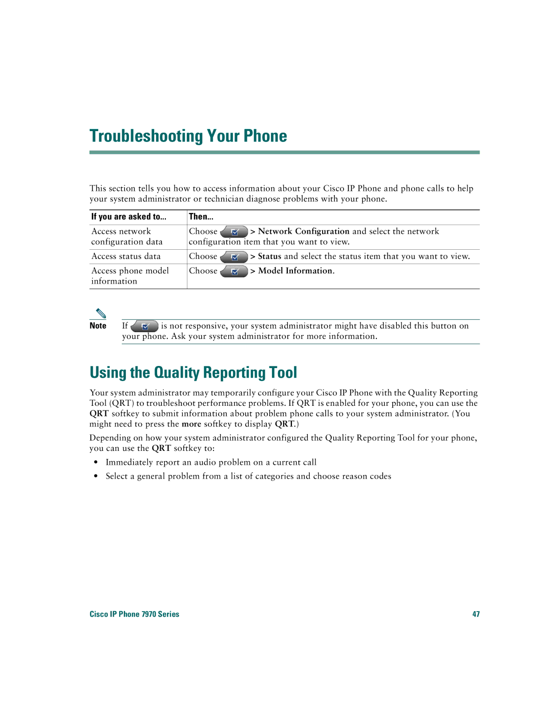 Cisco Systems 7970 warranty Troubleshooting Your Phone, Using the Quality Reporting Tool, If you are asked to Then 